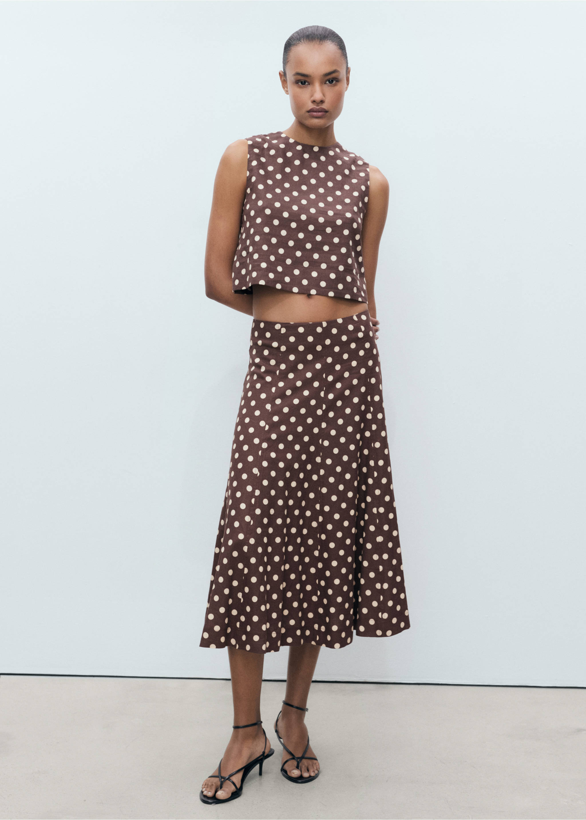 Polka-dot linen crop top - General plane, Chocolate. Ref: 87067162-00.