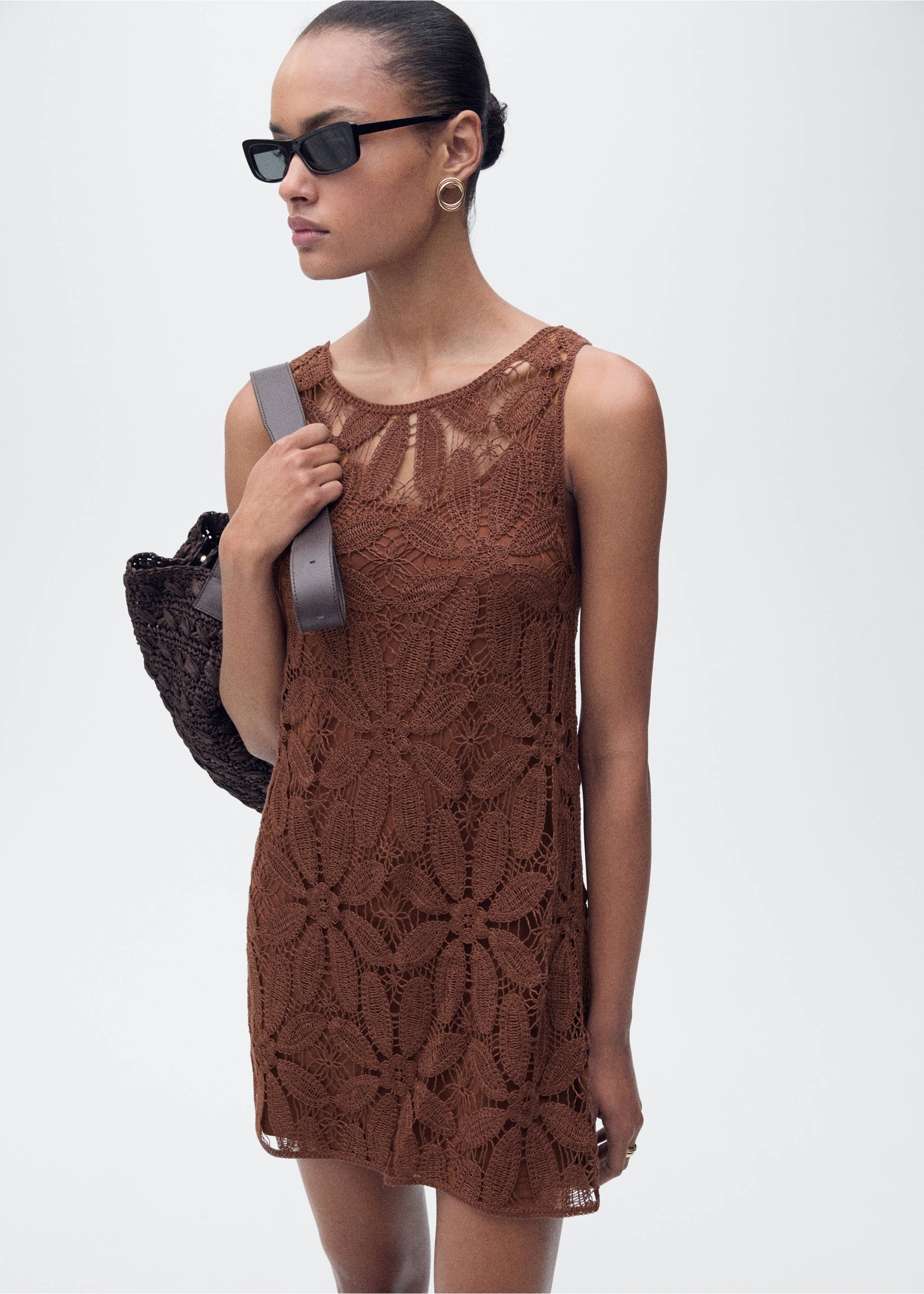 Open back crochet dress - Medium plane, Chocolate. Ref: 87067171-00.