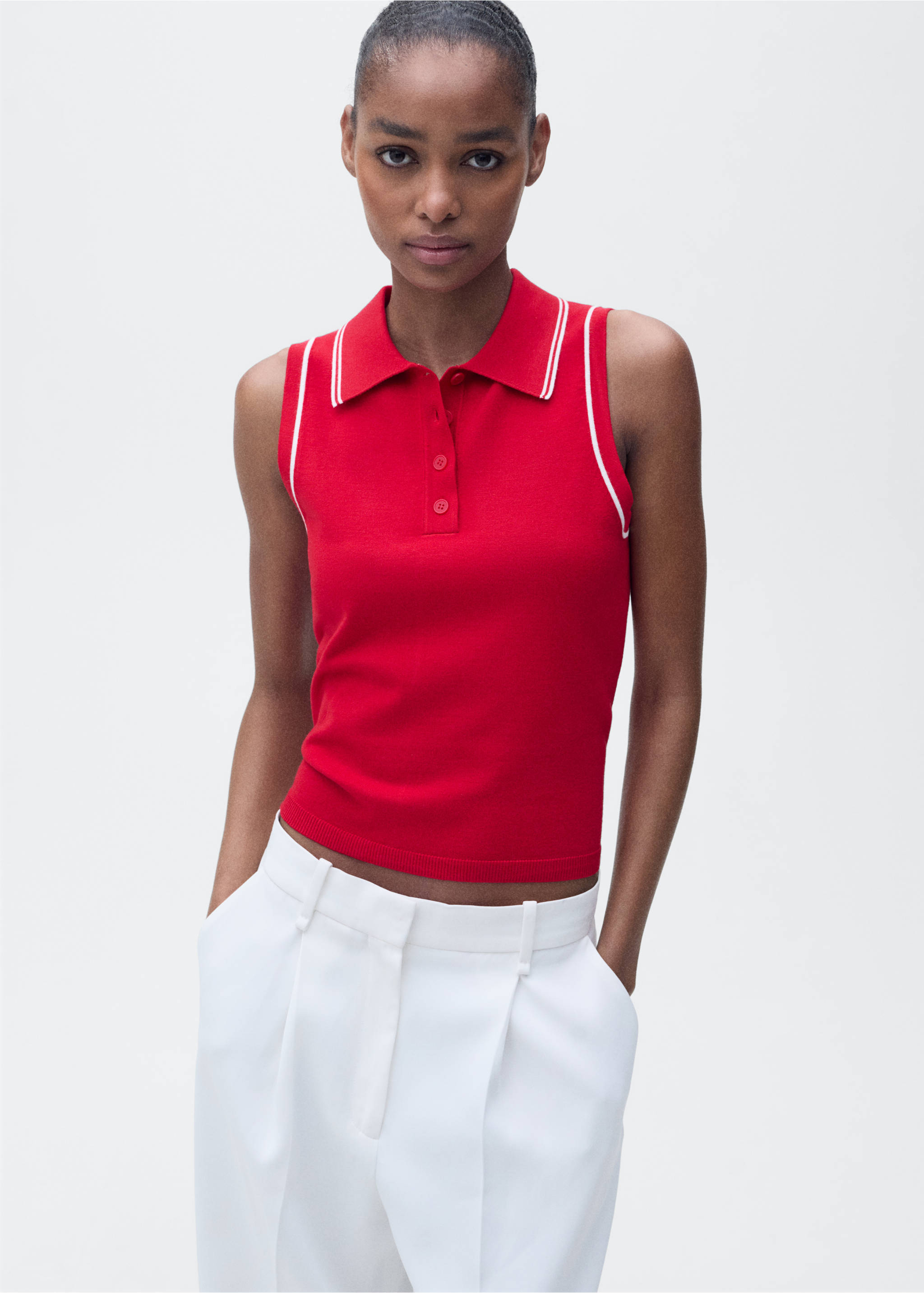 Polo-neck knitted top with contrasting trims - Medium plane, Red. Ref: 87067176-00.
