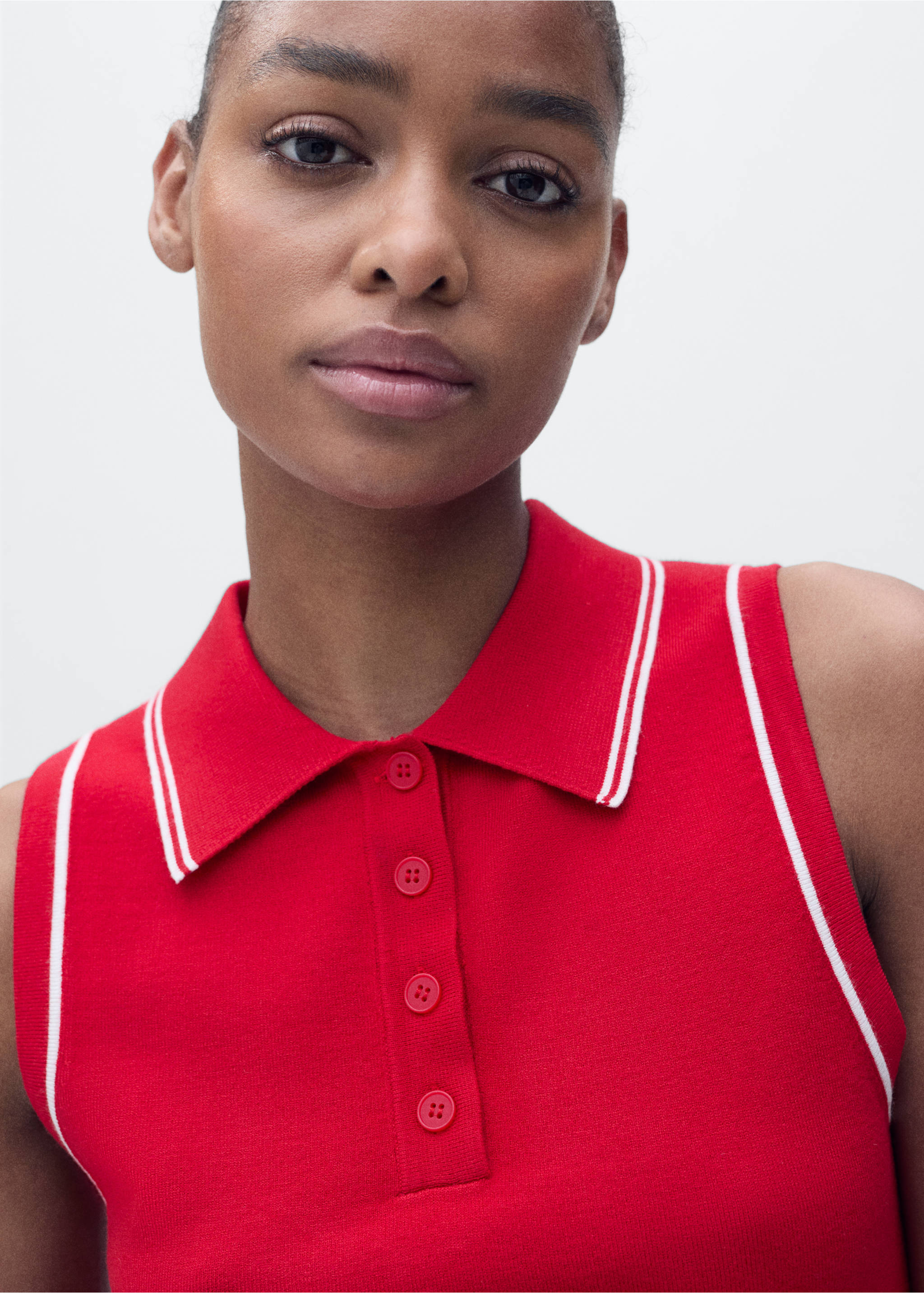 Polo-neck knitted top with contrasting trims - Details of the article 1, Red. Ref: 87067176-00.