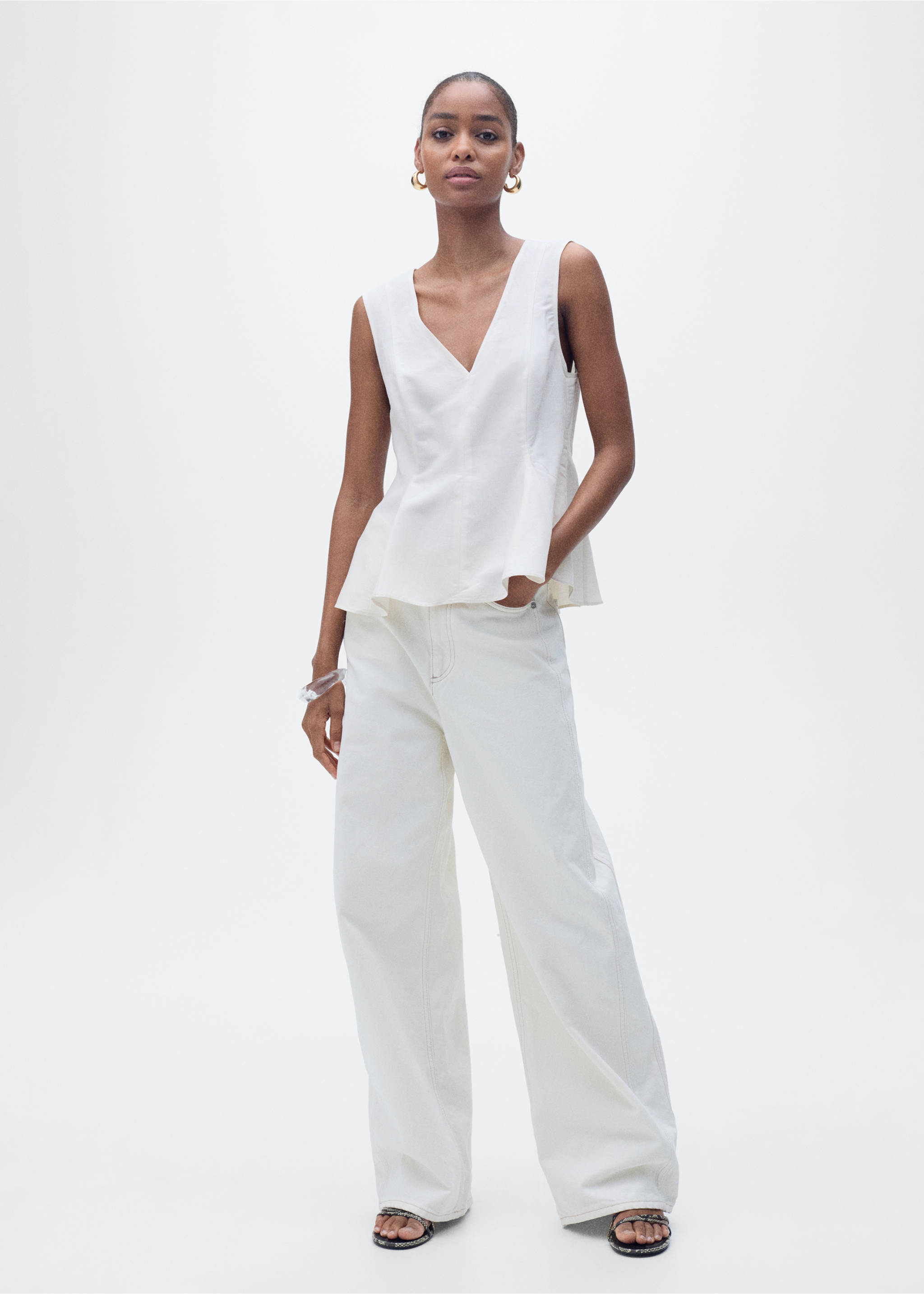 Linen-blend peplum top - General plane, Ecru. Ref: 87067179-00.