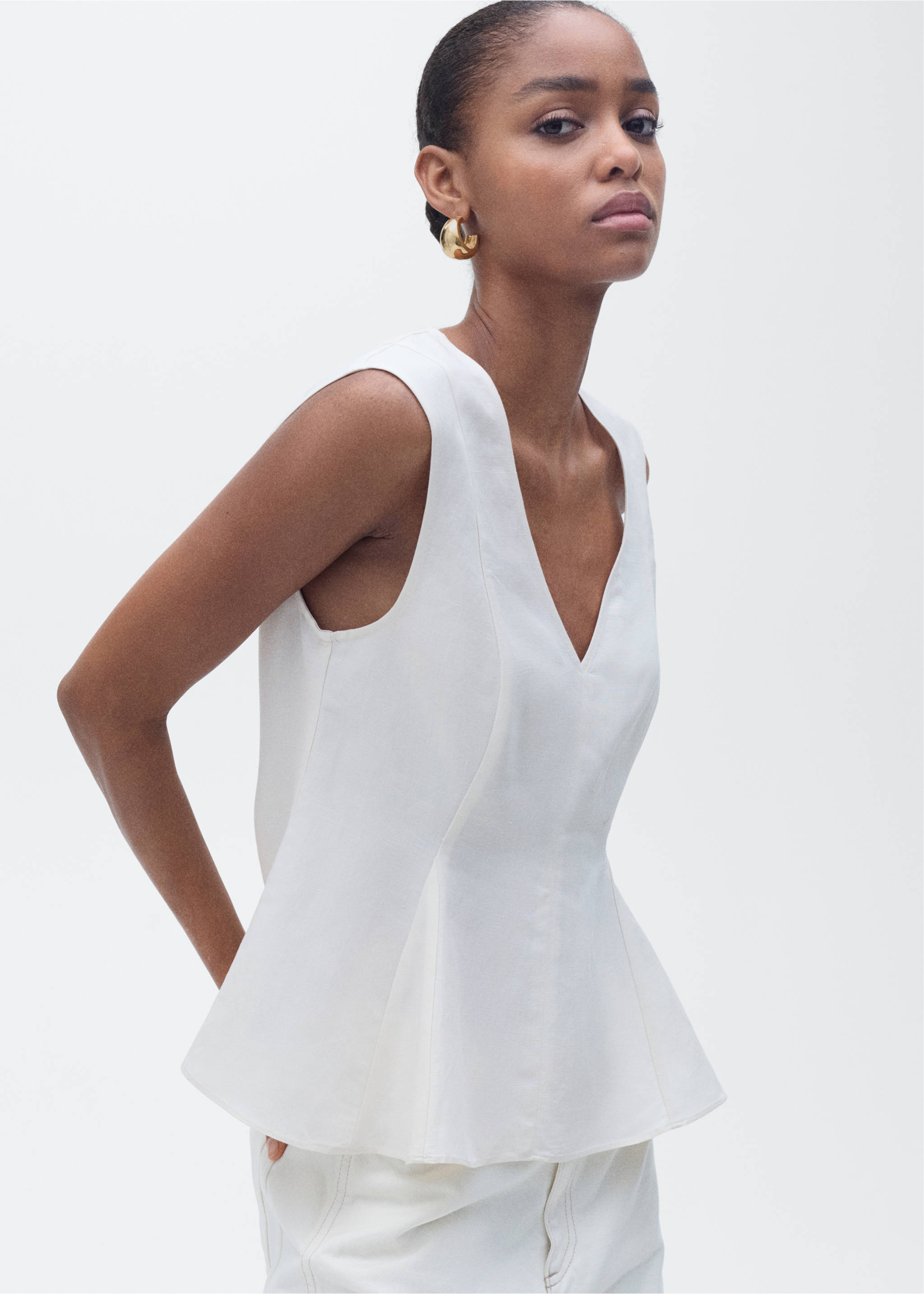 Linen-blend peplum top - Medium plane, Ecru. Ref: 87067179-00.