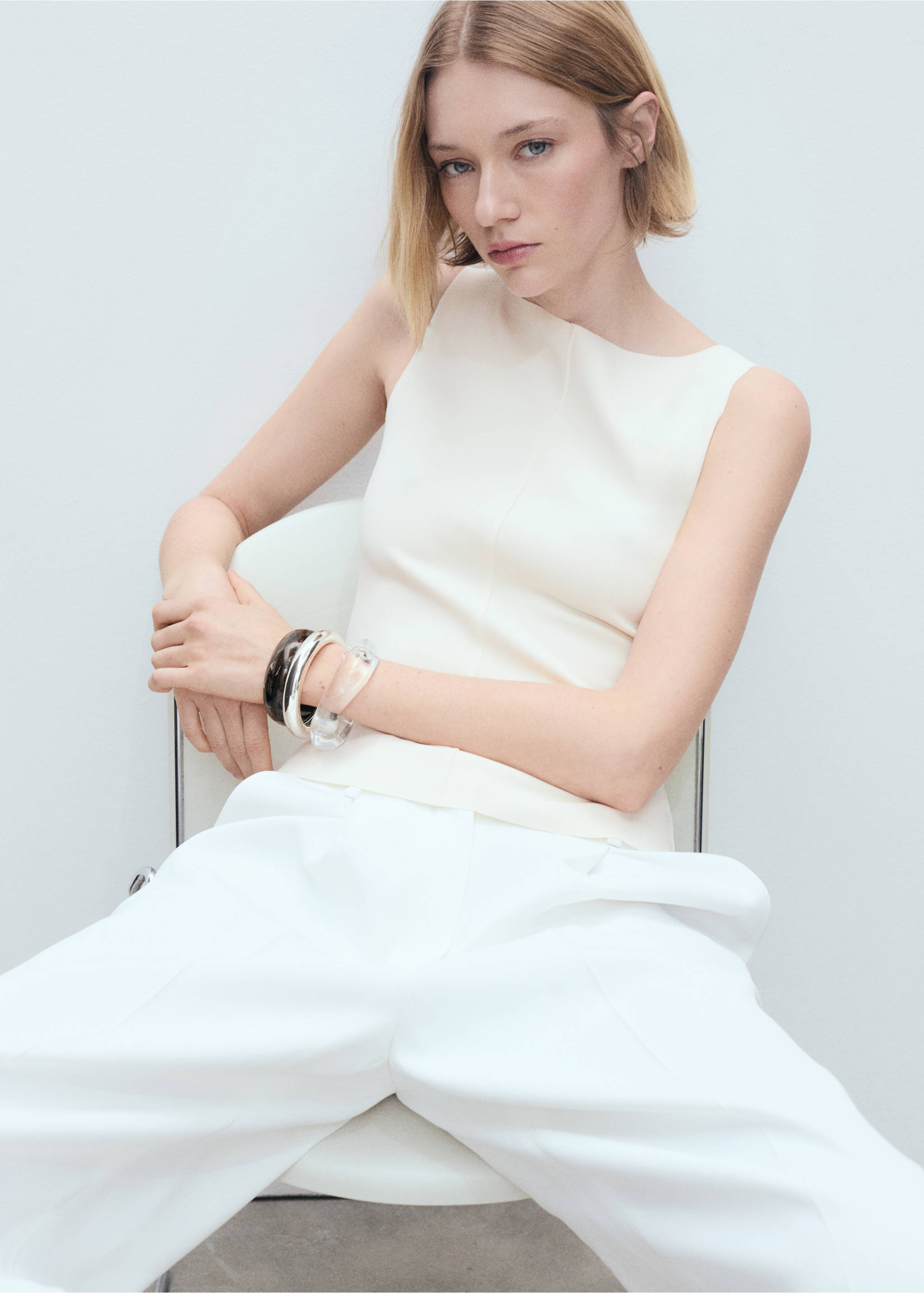 Boat-neck knitted top - Medium plane, Ecru. Ref: 87067180-00.