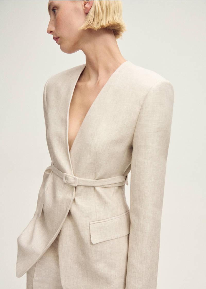Linen suit blazer with belt - Light/Pastel Grey