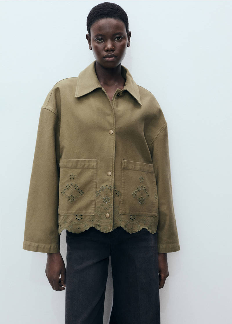 Cotton overshirt with lace detail - Khaki