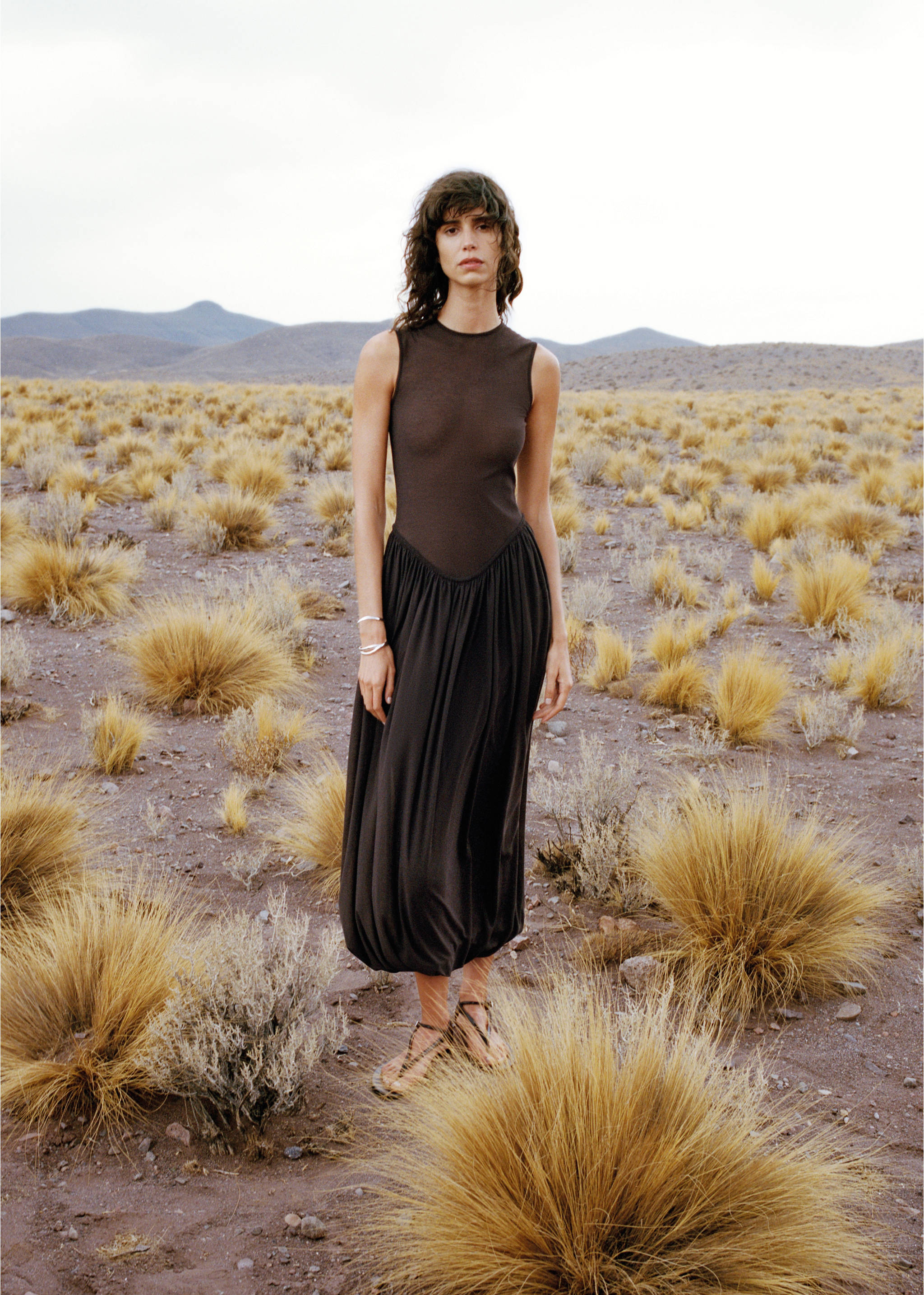 Semi-transparent dress with puffed hem - Details of the article 5, Chocolate. Ref: 87067904-00.