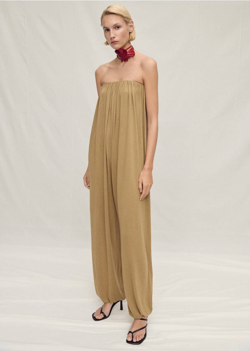 Strapless jumpsuit with puffed hem - Beige