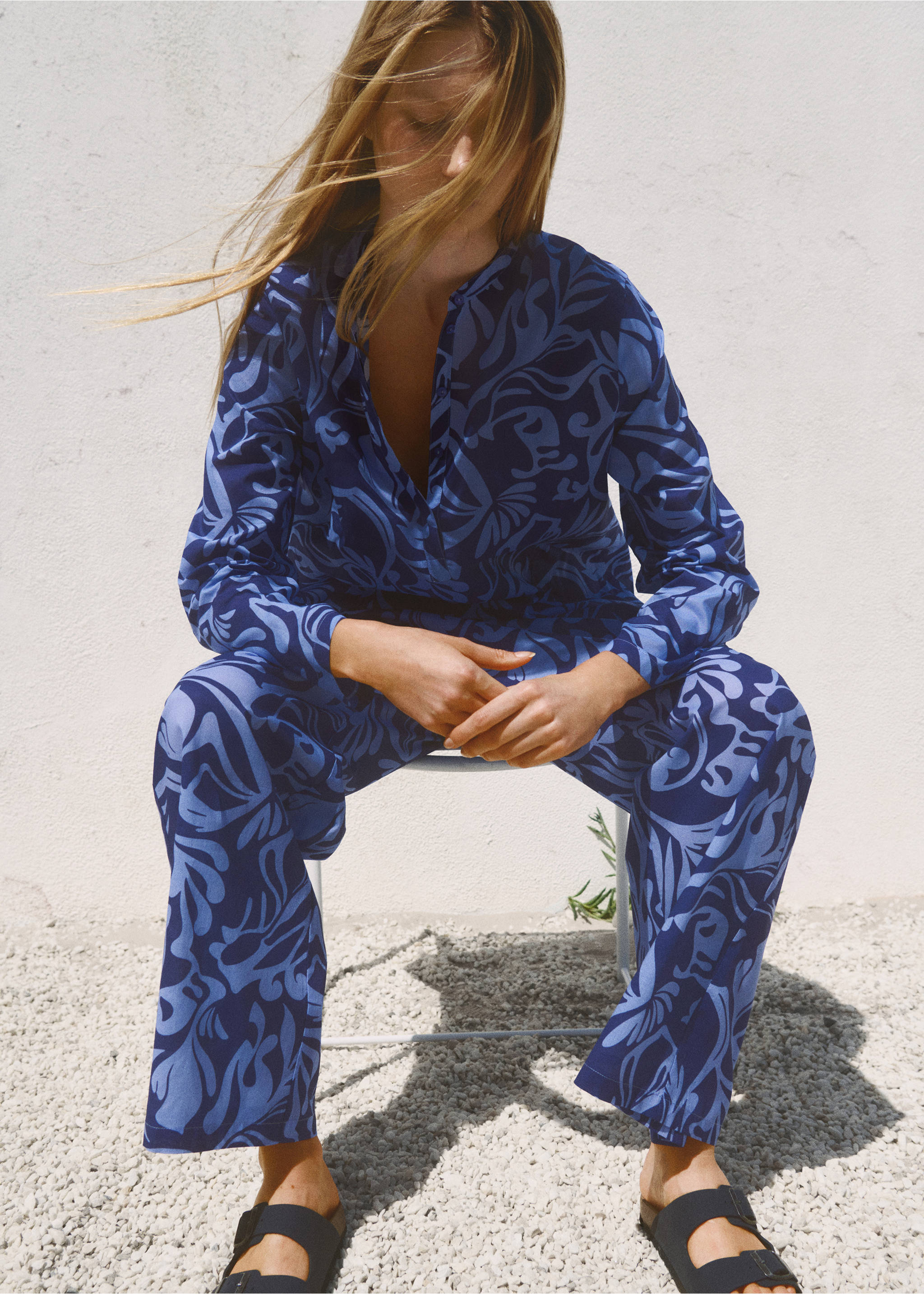 Cotton two-tone printed trousers - Details of the article 7, Blue. Ref: 87068272-00.