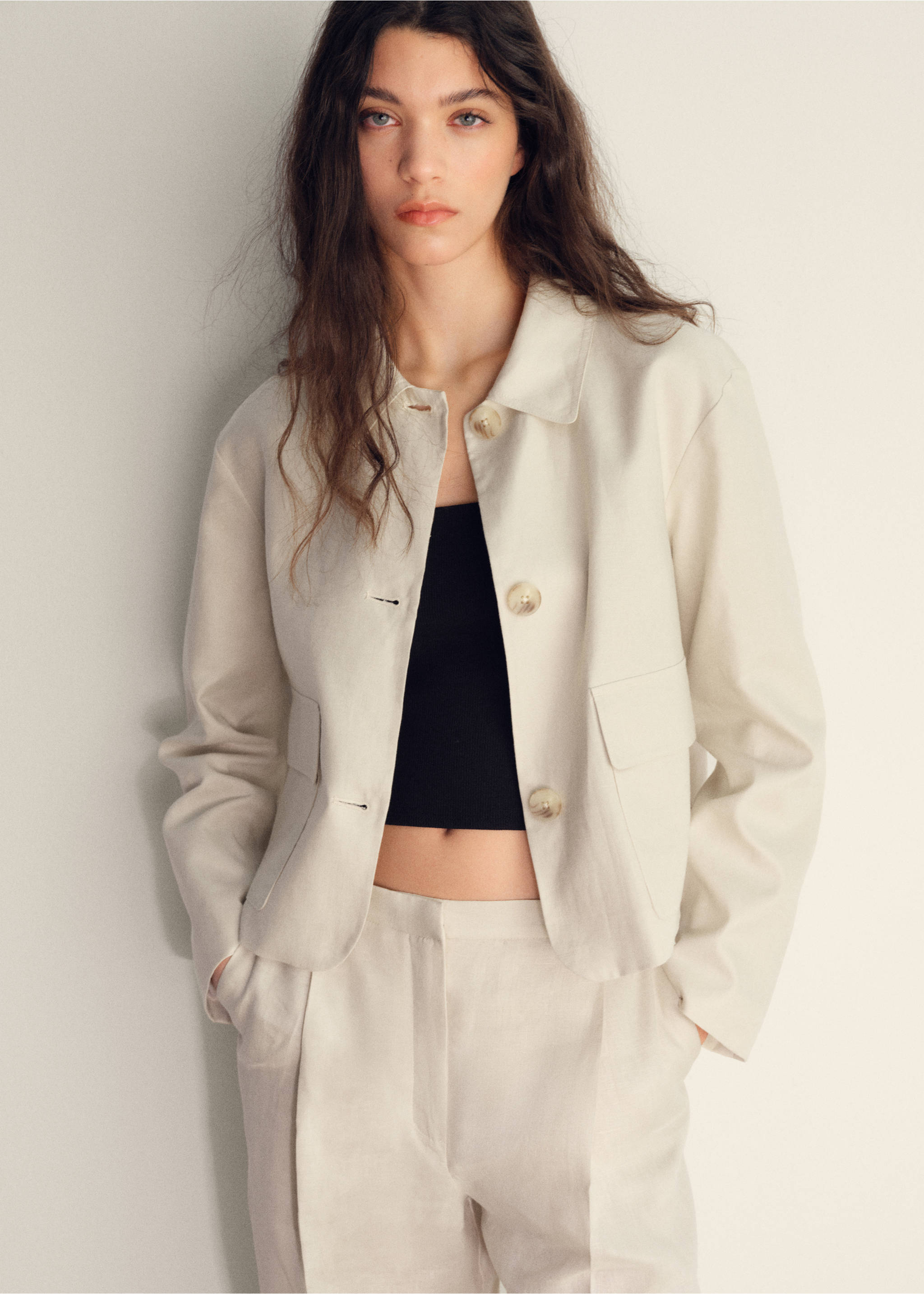 Straight-fit linen trousers with pleats - Details of the article 1, Ecru. Ref: 87068640-00.