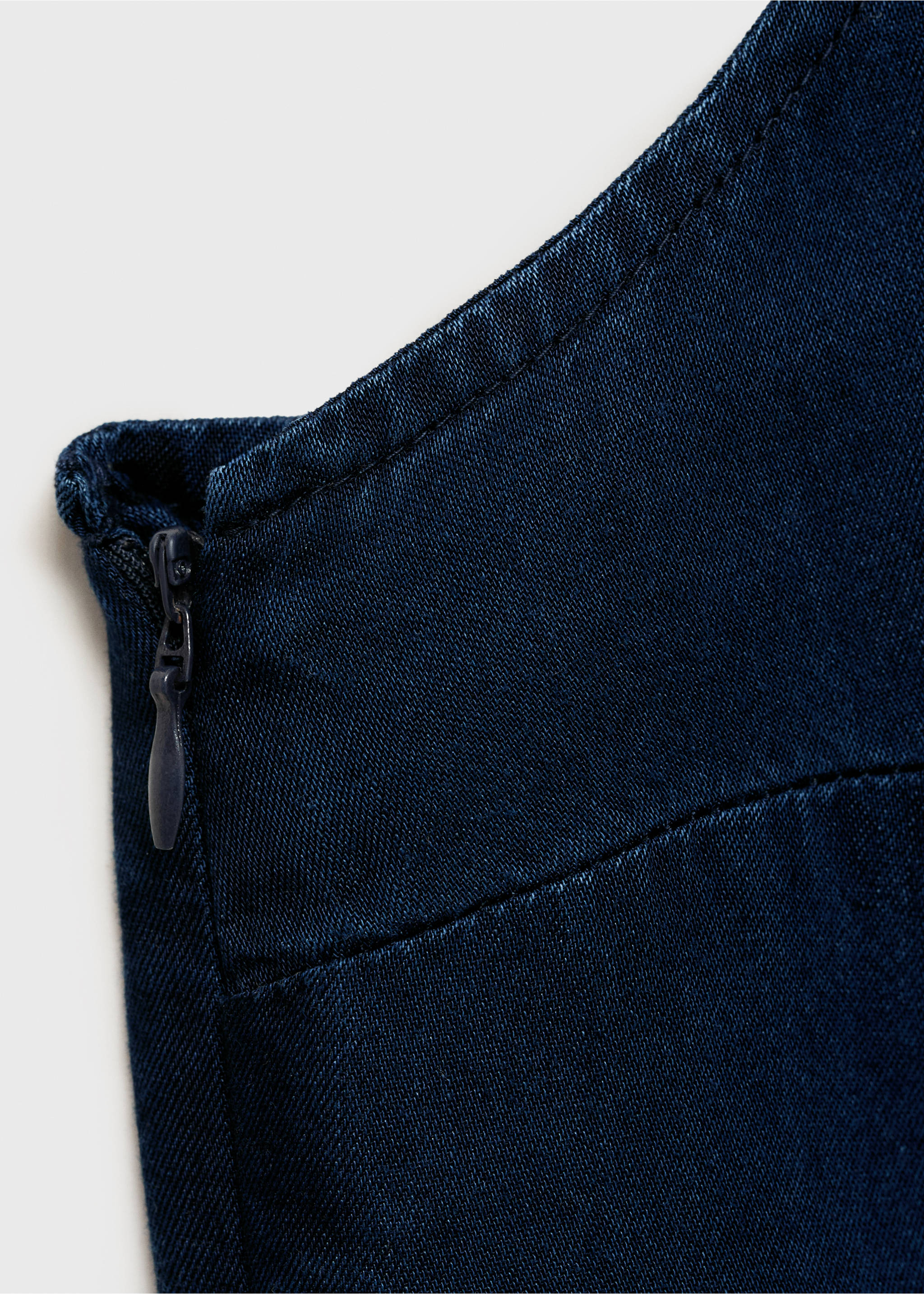 Denim-effect top with gathered side - Details of the article 8, Dark Blue. Ref: 87068641-00.