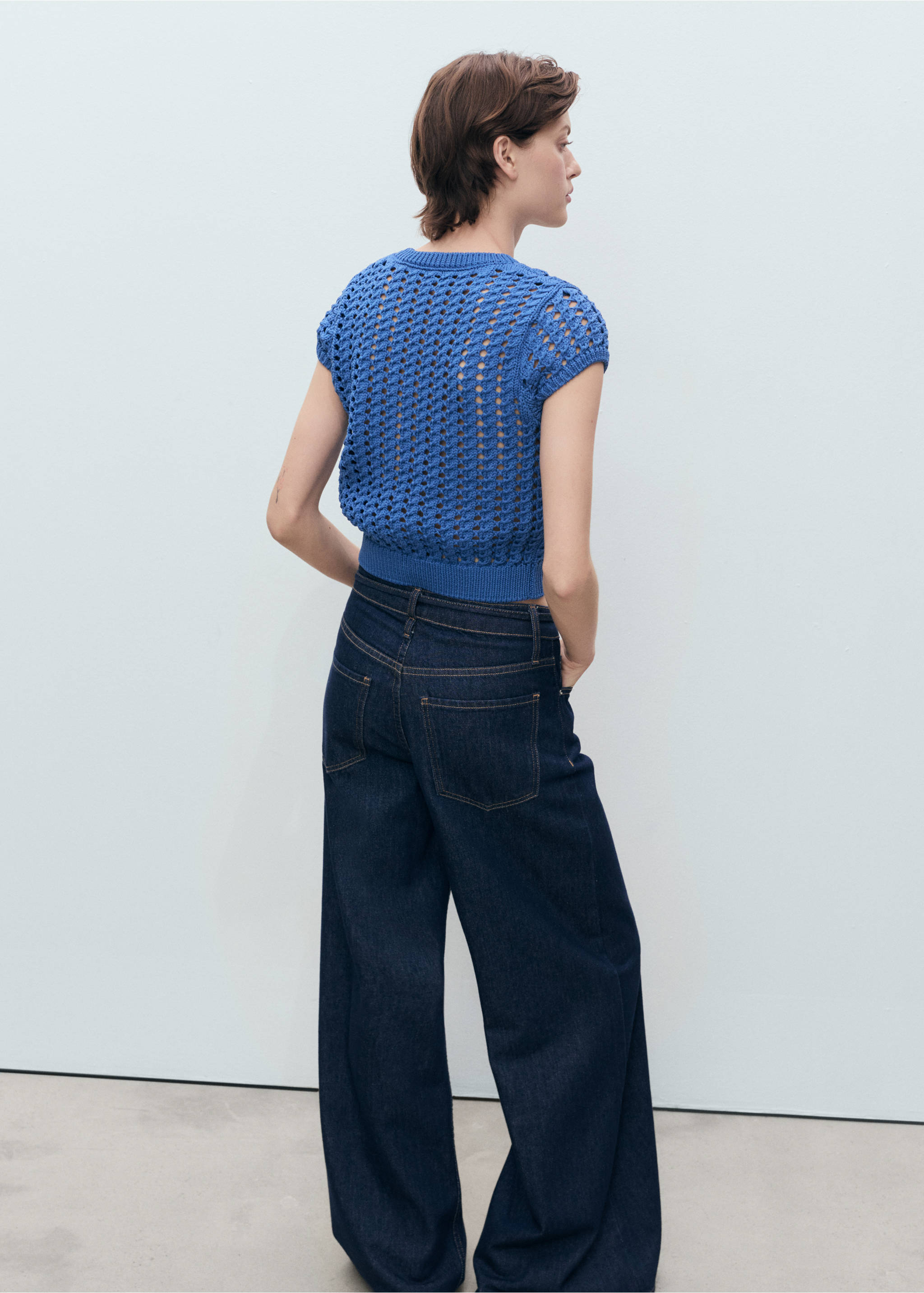 Pull-over crochet manches courtes - Verso de l’article, Bleu. Ref: 87068643-00.