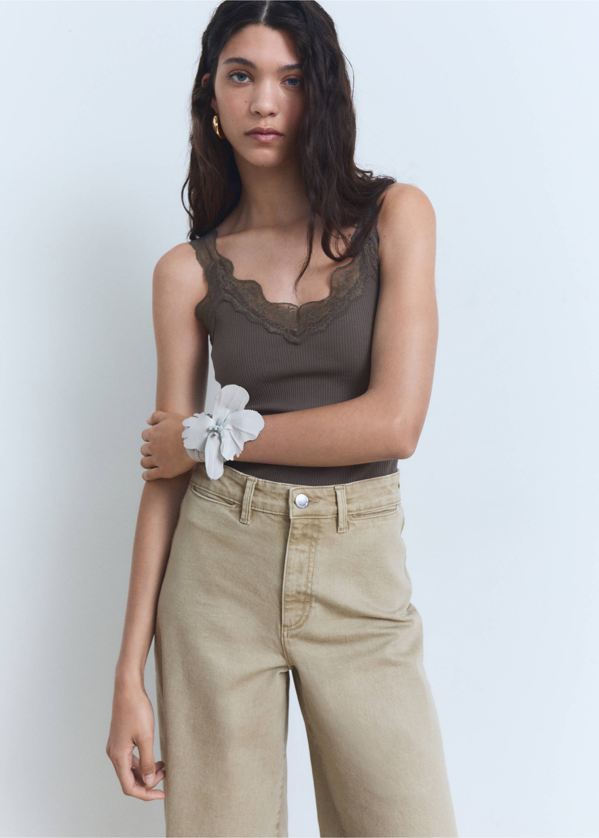 Wide leg high-waist full-length jeans - Details of the article 1, Khaki. Ref: 87068644-00.