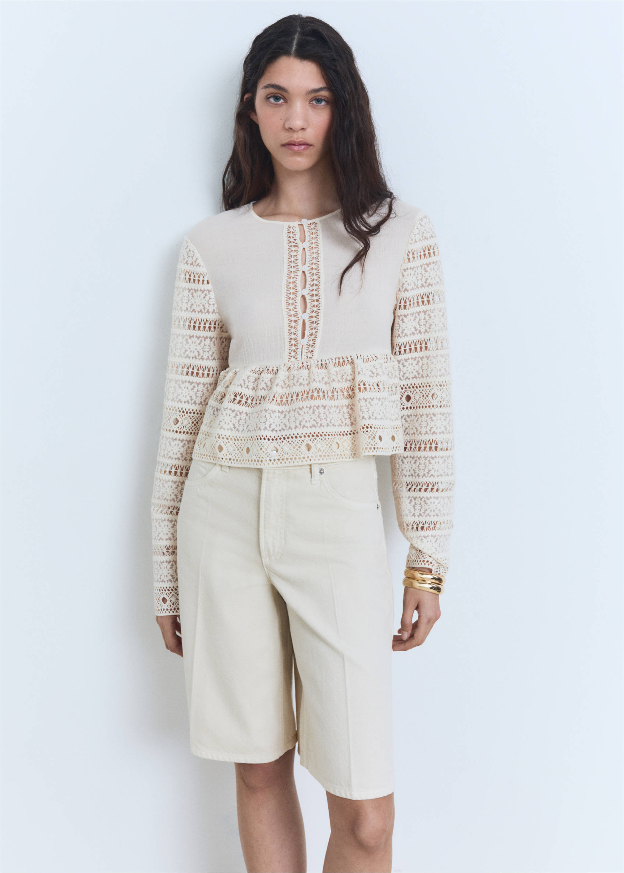 Embroidered cotton blouse with openwork details - Medium plane, Off White. Ref: 87068647-00.