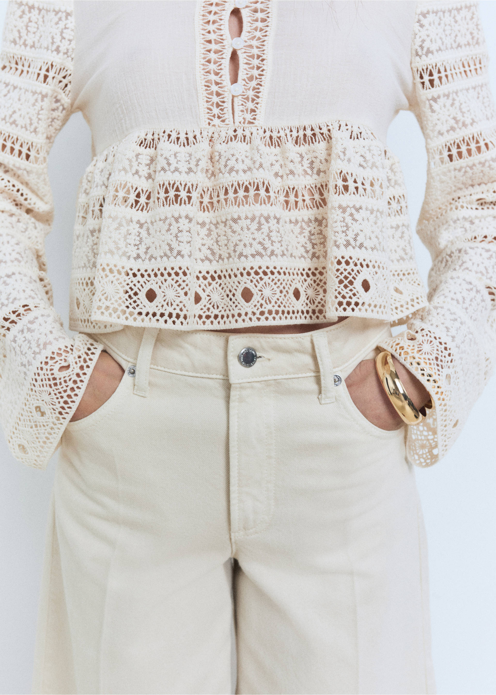 Embroidered cotton blouse with openwork details - Details of the article 6, Off White. Ref: 87068647-00.