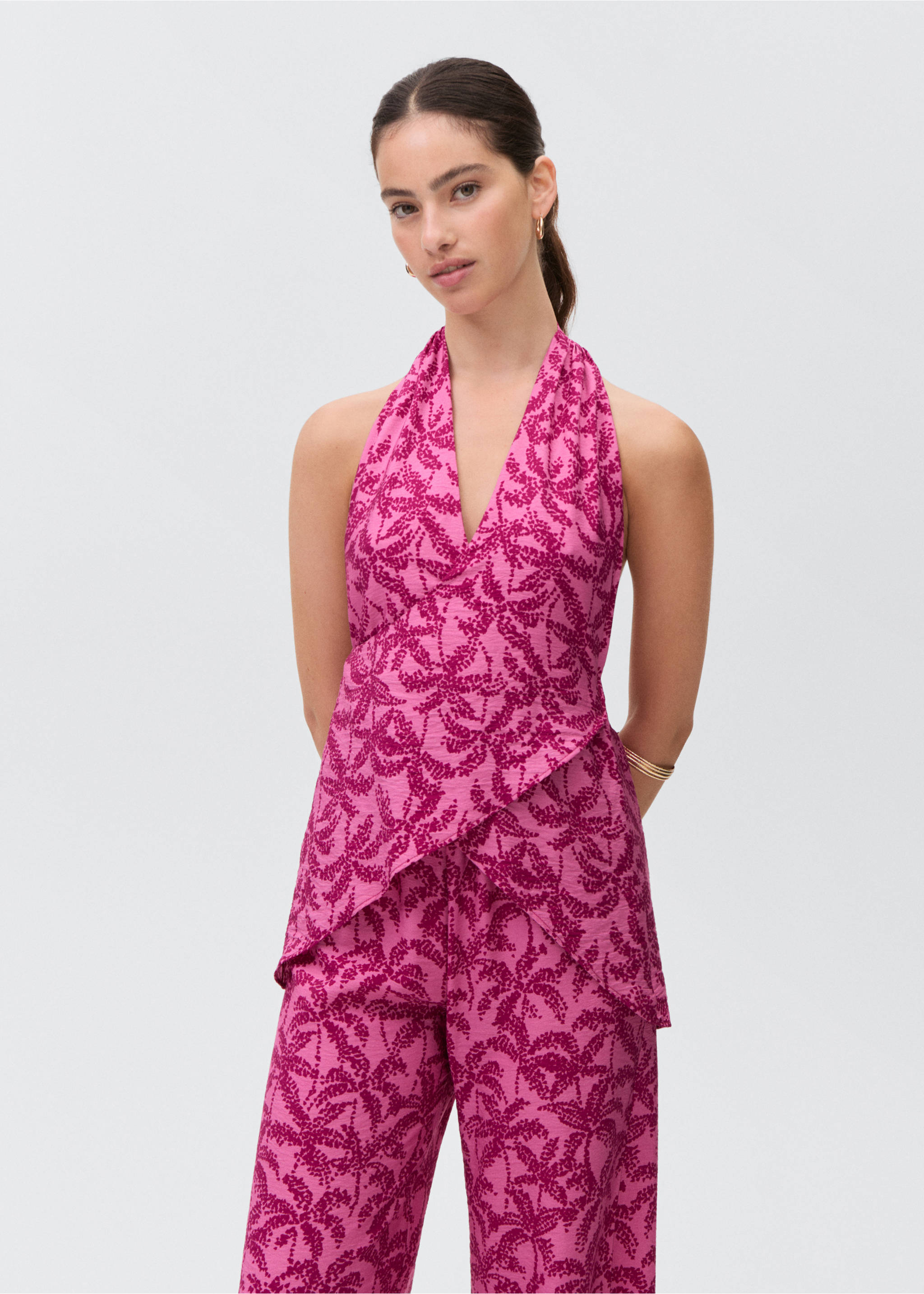 Halter-neck printed top - Medium plane, Fuchsia. Ref: 87069219-00.