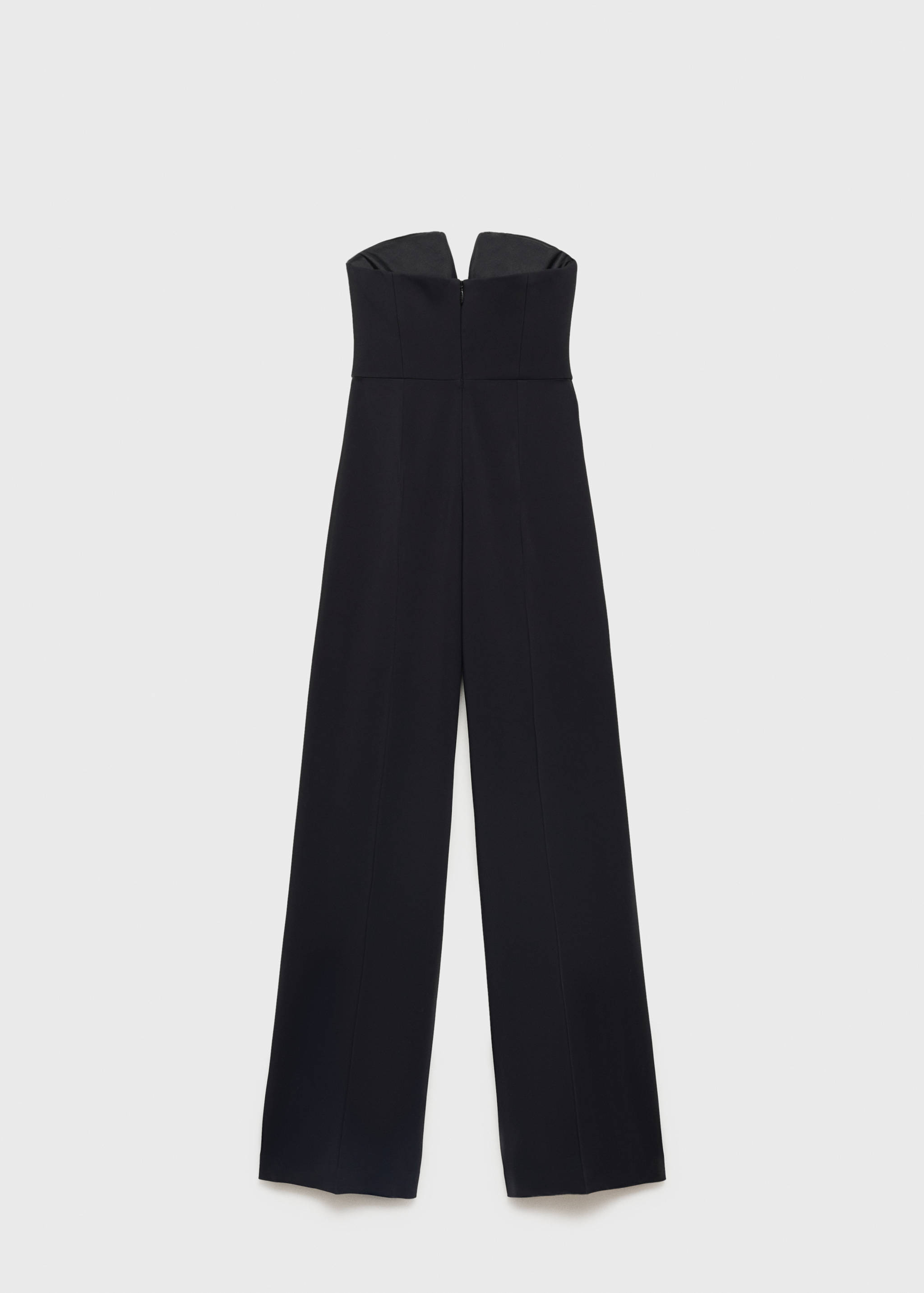Black strapless jumpsuit with a V-notch bodice and straight trousers.