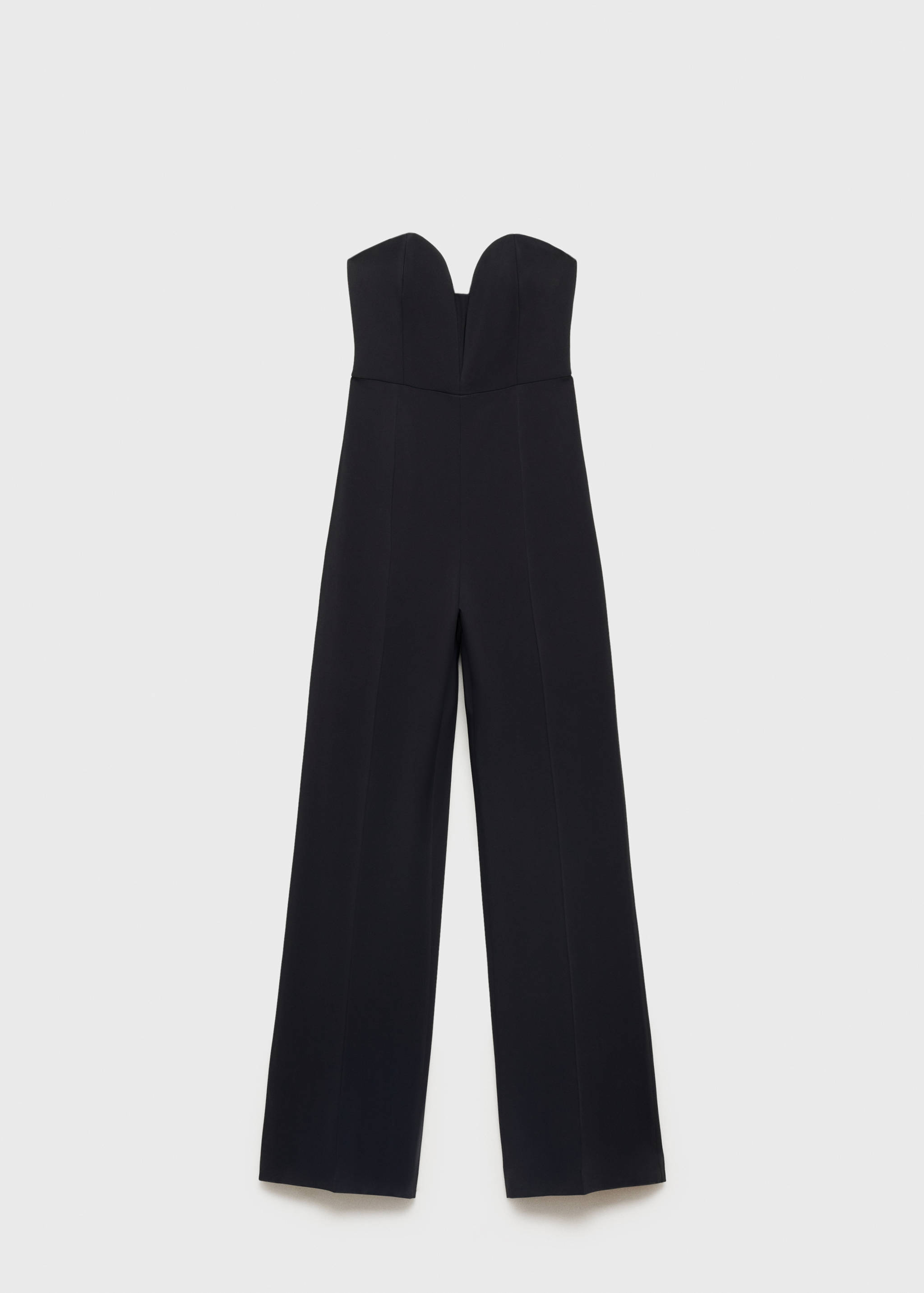 Black strapless jumpsuit with sweetheart neckline and long straight legs.