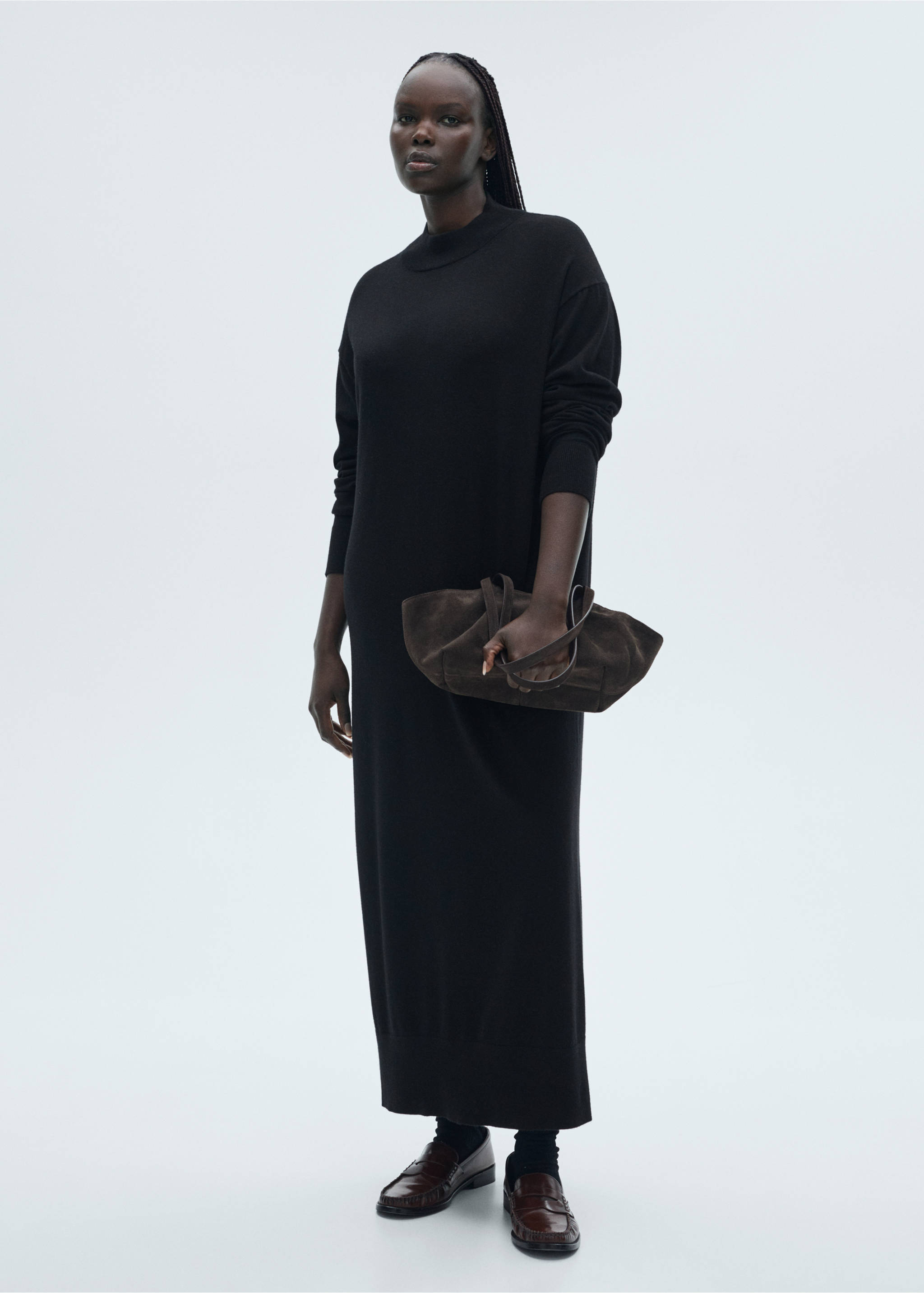 Perkins-neck knitted dress - Details of the article 6, Black. Ref: 87070425-00.
