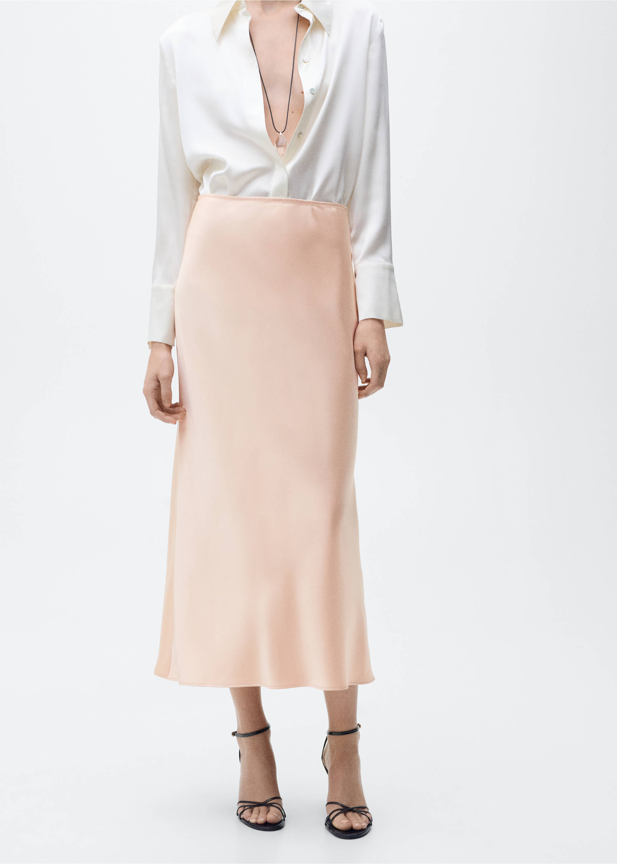 Midi satin skirt - Medium plane, Salmon. Ref: 87070455-00.