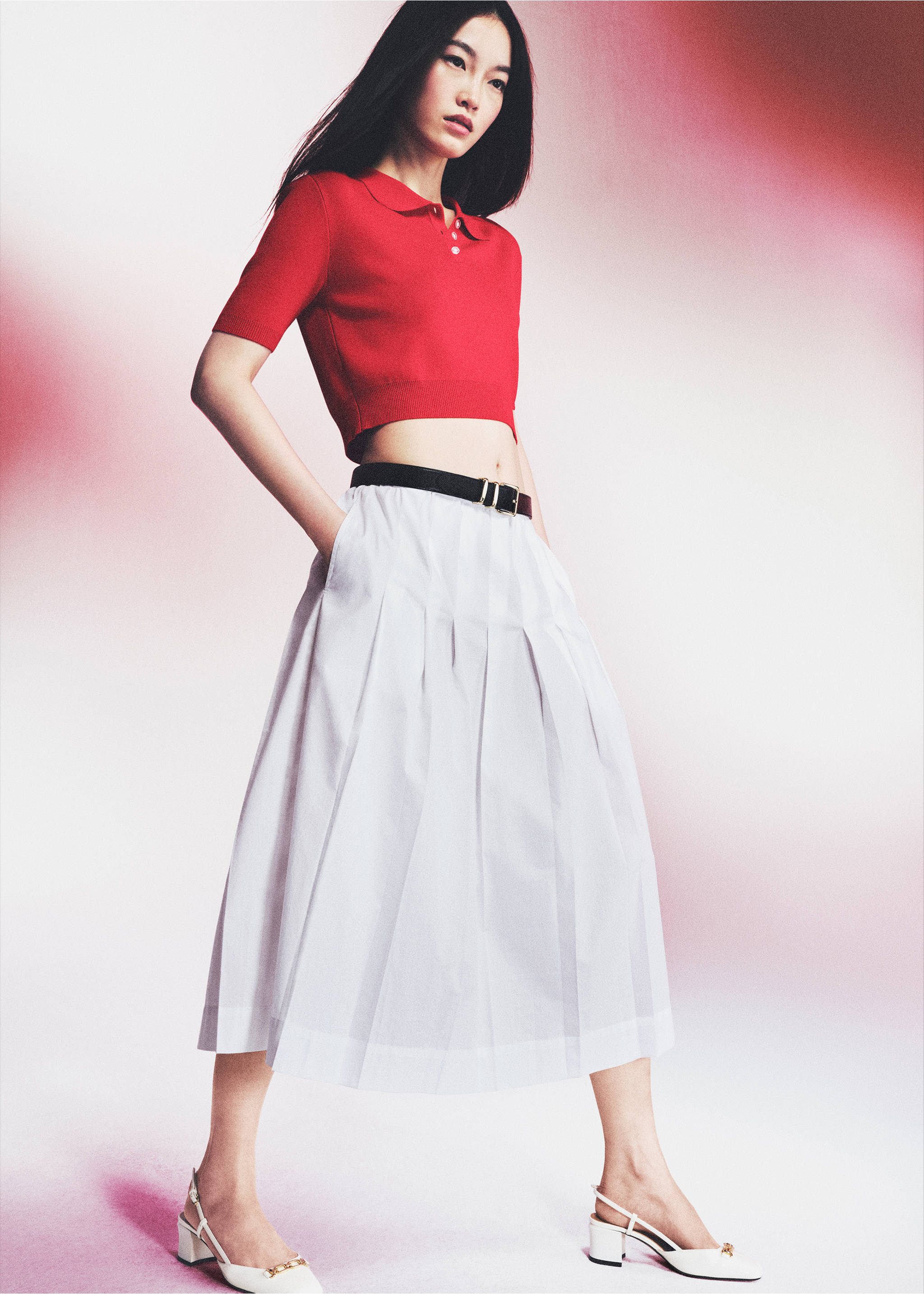 Cotton pleated skirt - Details of the article 3, White. Ref: 87070580-00.