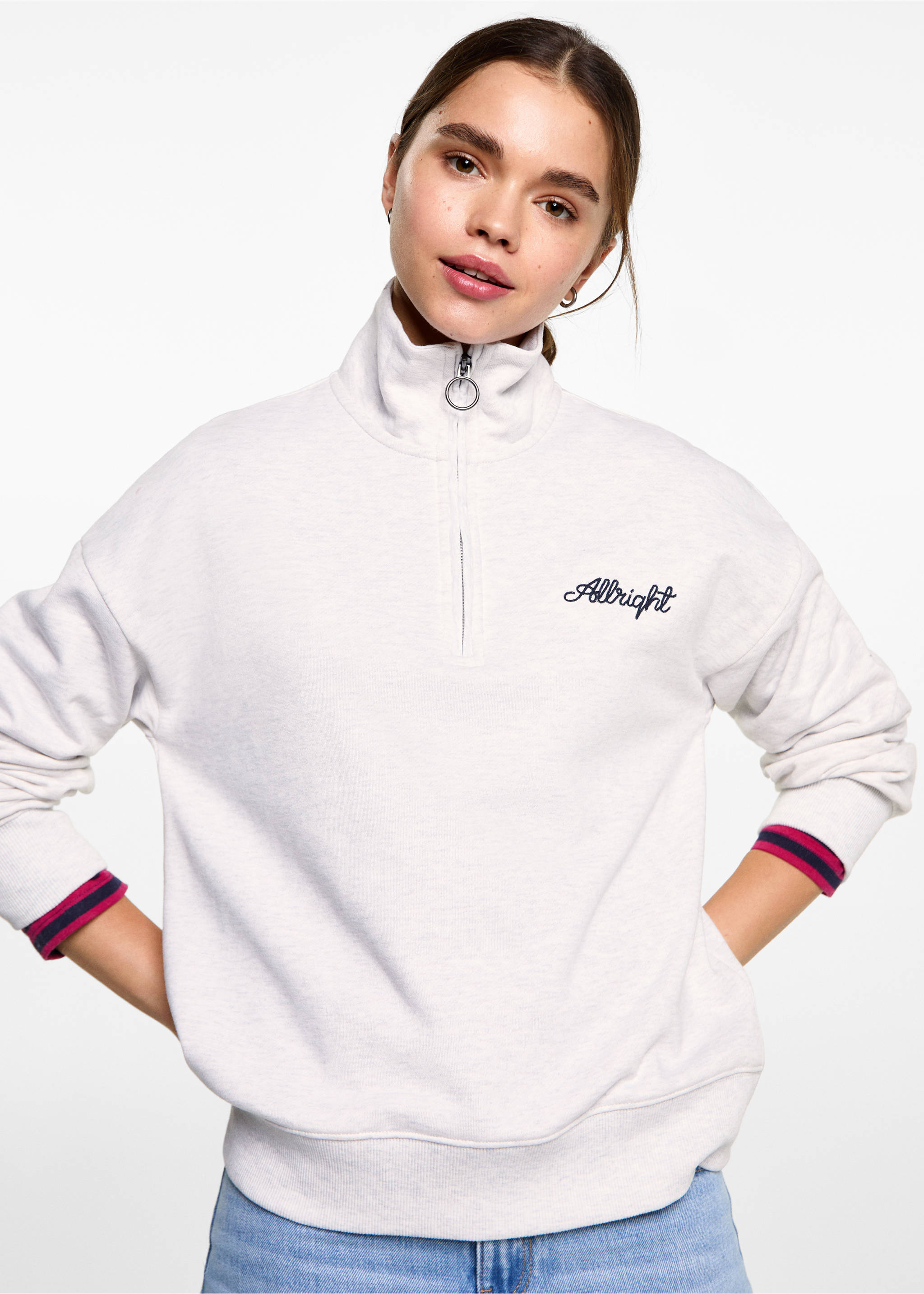 Sweatshirt mit Zip und Schriftzug - Mittlere Ansicht, Hellgrau meliert. Ref: 87070592-00.