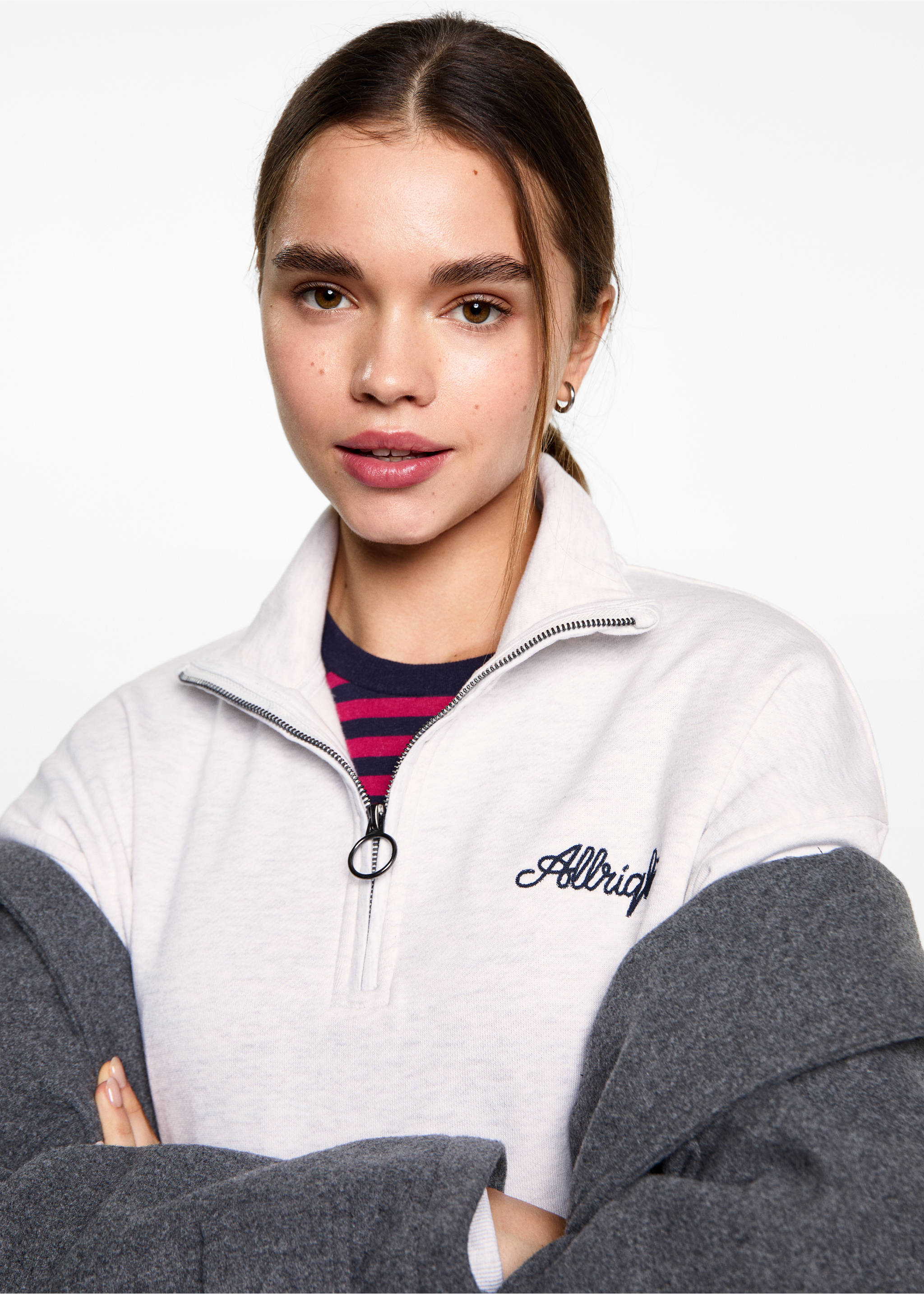 Sweatshirt mit Zip und Schriftzug - Detail des Artikels 1, Hellgrau meliert. Ref: 87070592-00.