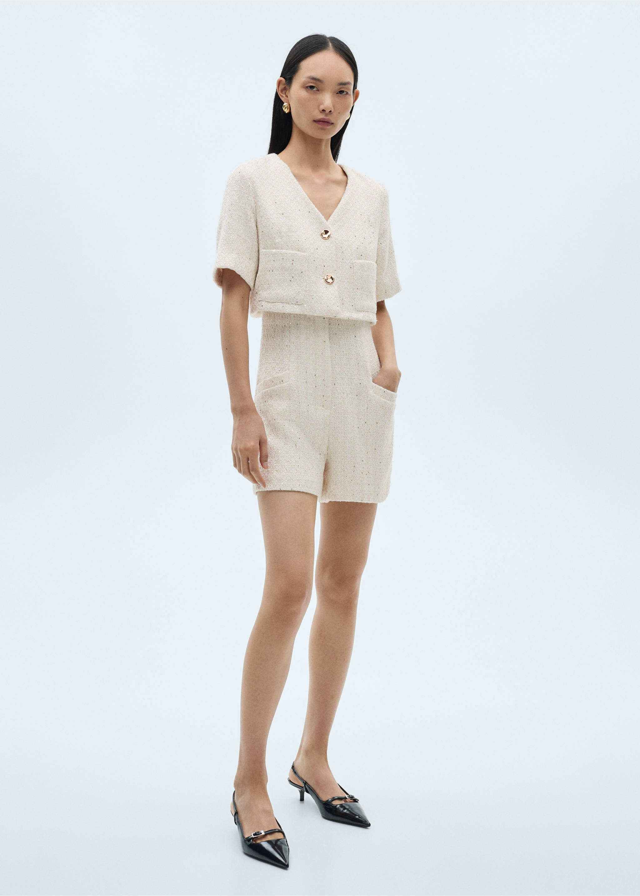 Short-sleeved tweed jumpsuit - General plane, Ecru. Ref: 87070595-00.
