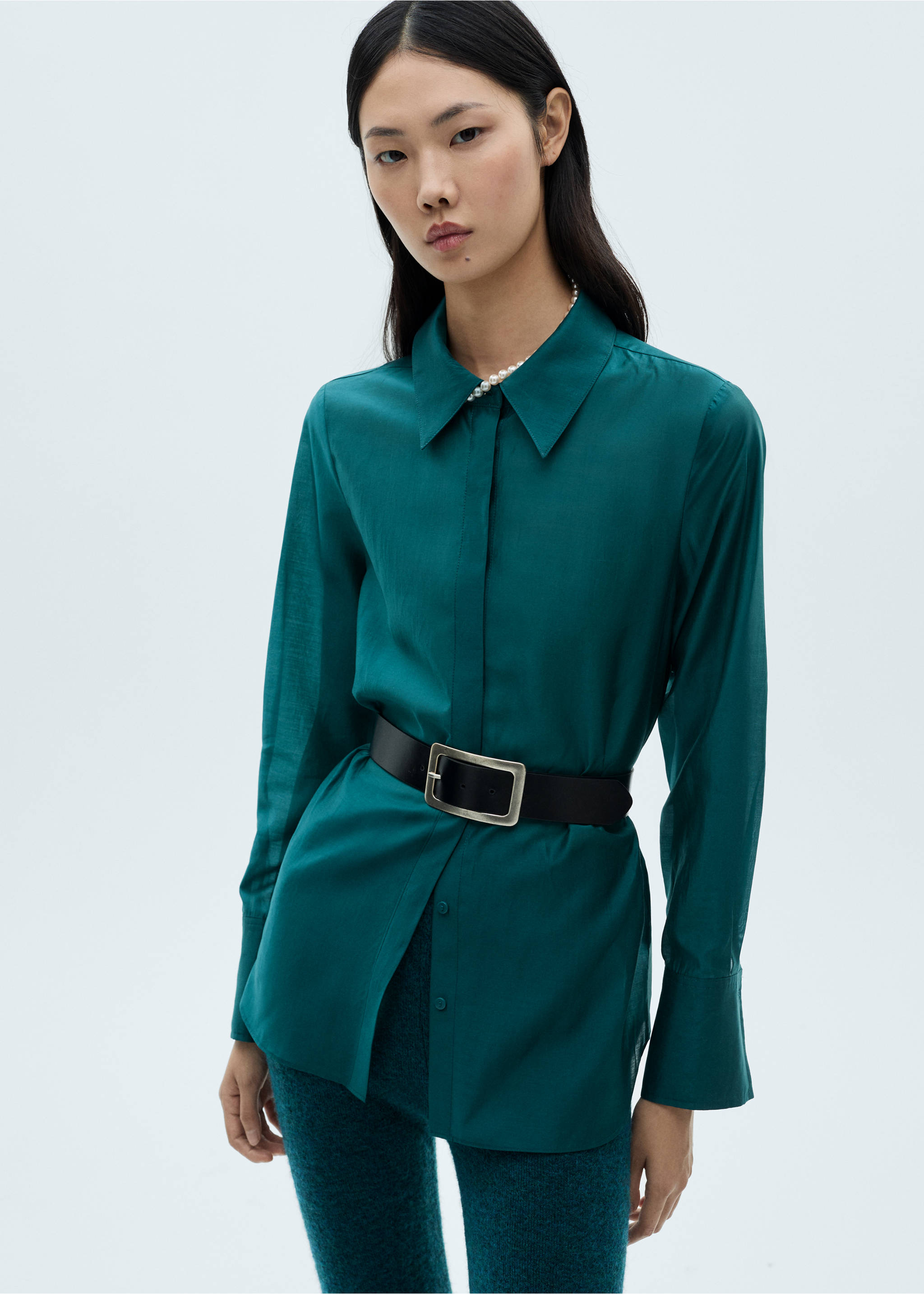 Satin shirt with hidden buttons - Medium plane, Medium Brown. Ref: 87070596-00.