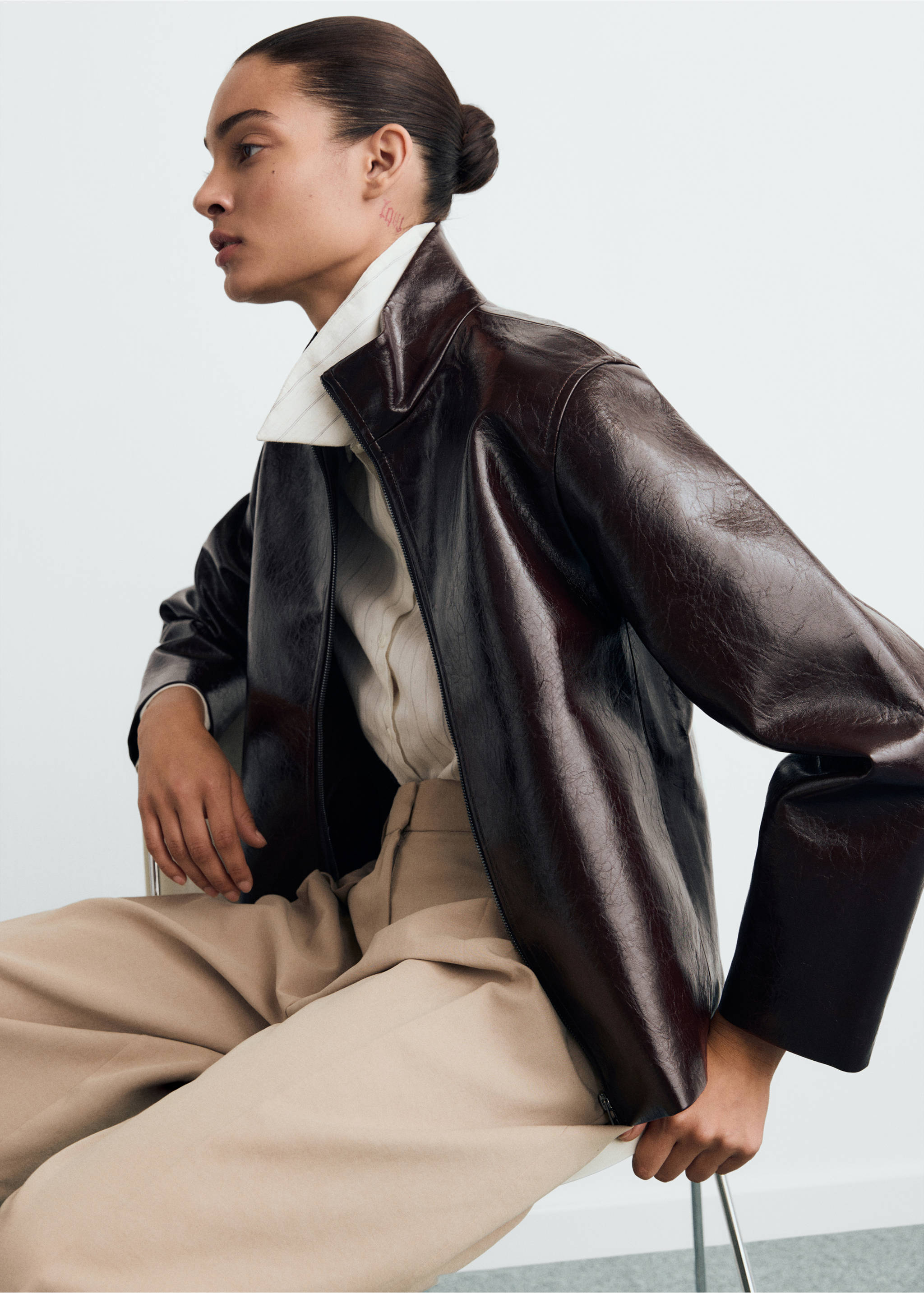 Dark brown glossy jacket with an upright collar and long sleeves., Brown. Ref: 87070640-00.