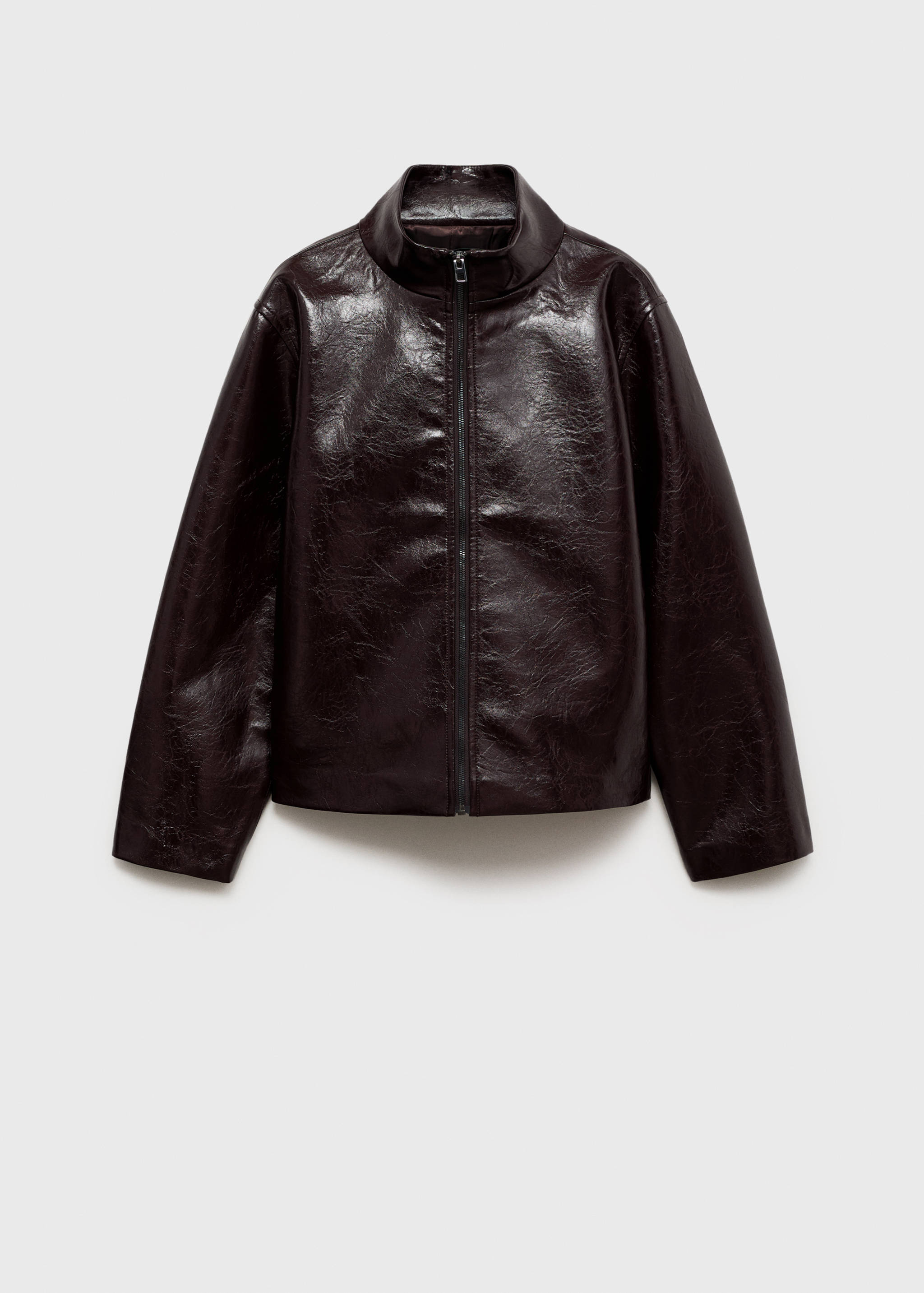 Dark brown crinkled jacket with a high neck and zip fastening.