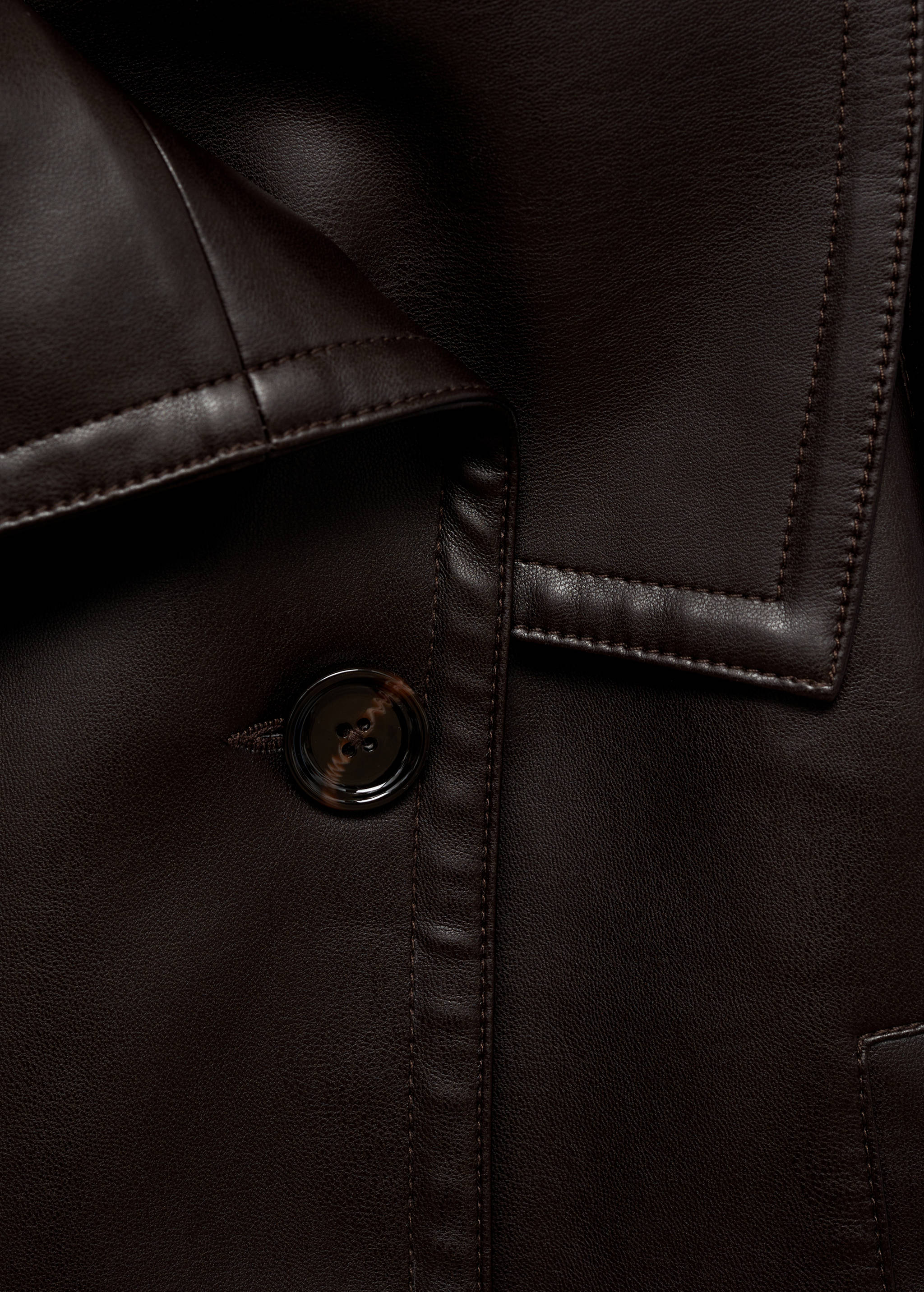 Dark brown jacket close-up with lapel and button detail.