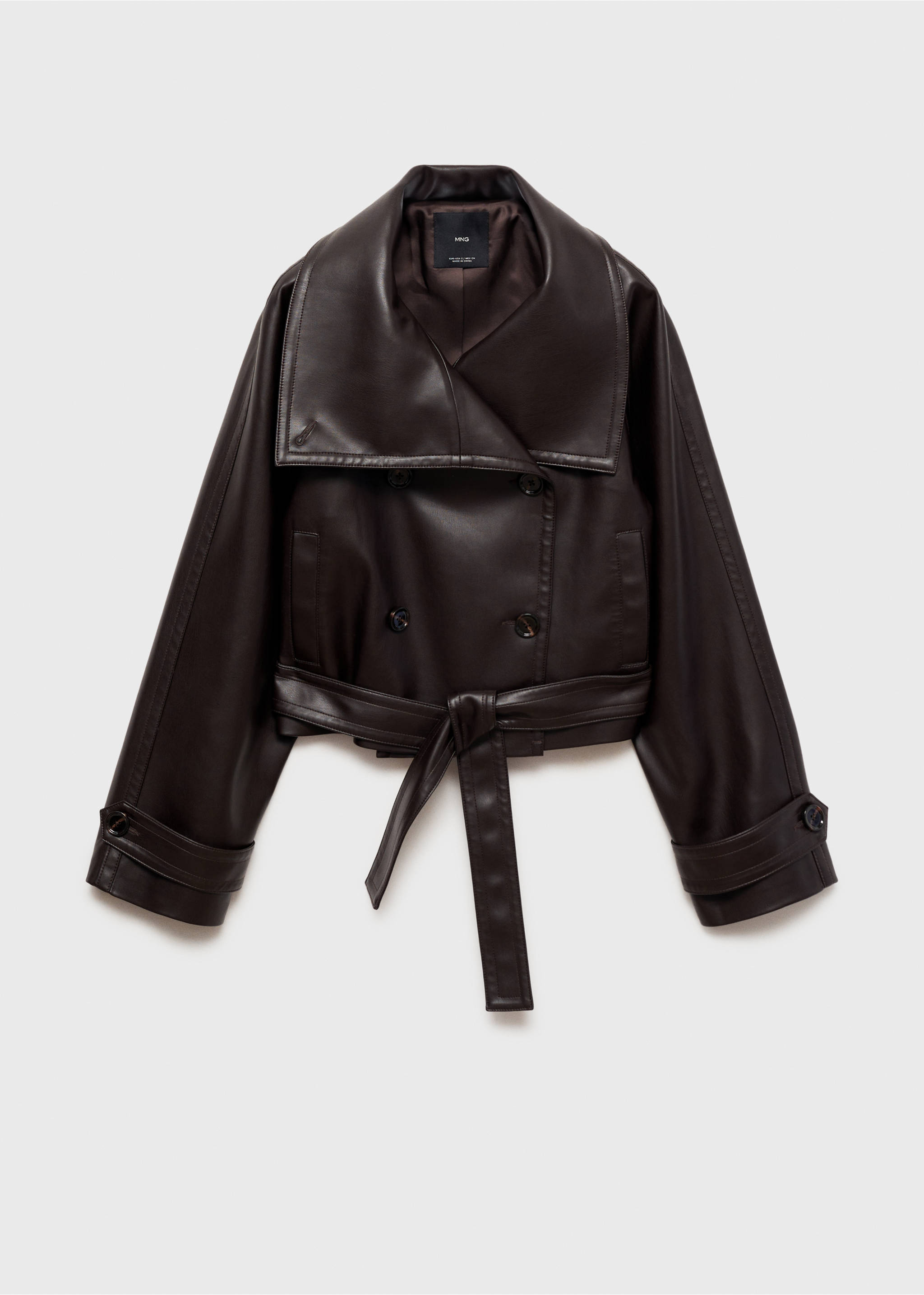 Dark brown faux-leather cropped jacket with wide collar and belt, Brown. Ref: 87070651-00.