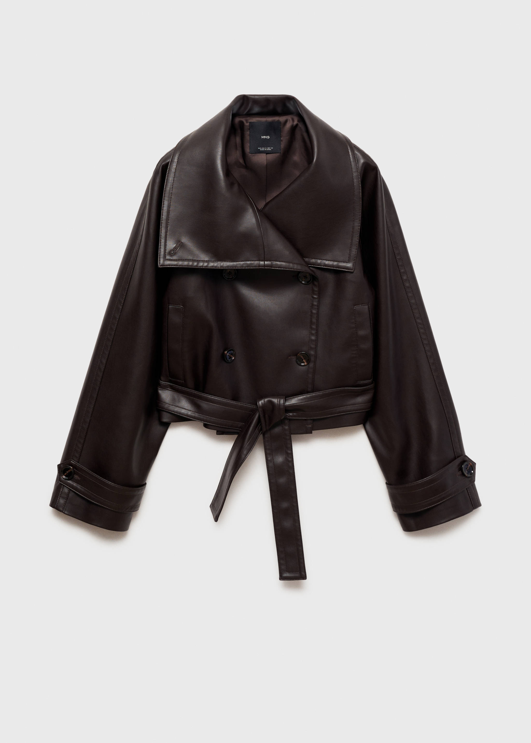Dark brown faux-leather cropped jacket with wide collar and belt