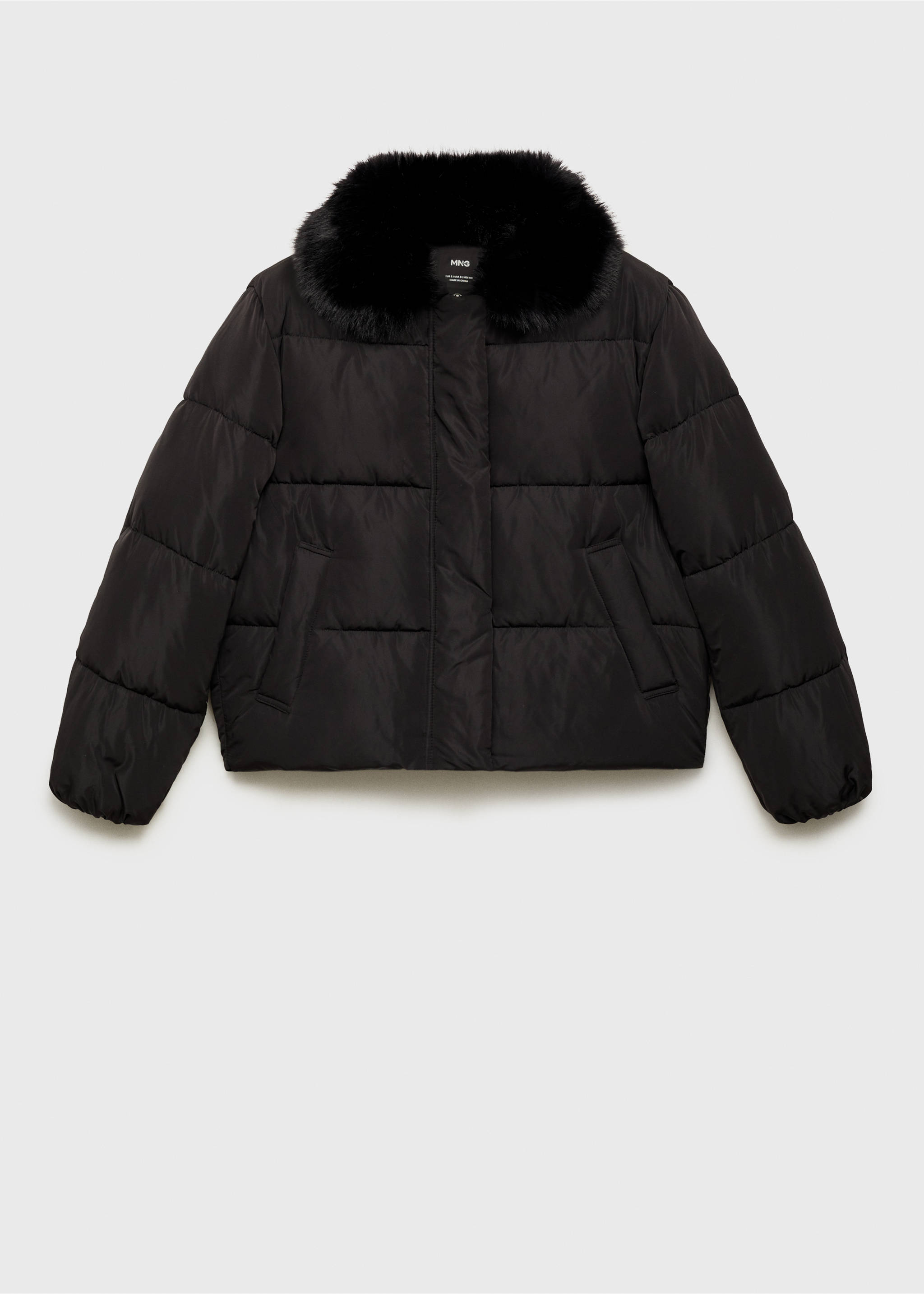 Short padded anorak with fur collar - Article without model, Black. Ref: 87071513-00.