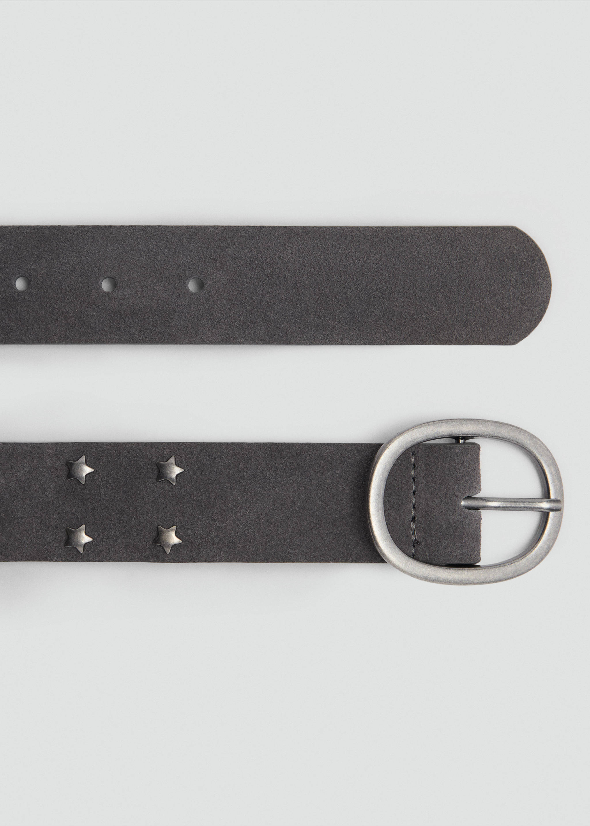 Dark grey children's belt with a rounded metal buckle and star studs., Charcoal. Ref: 87072025-00.