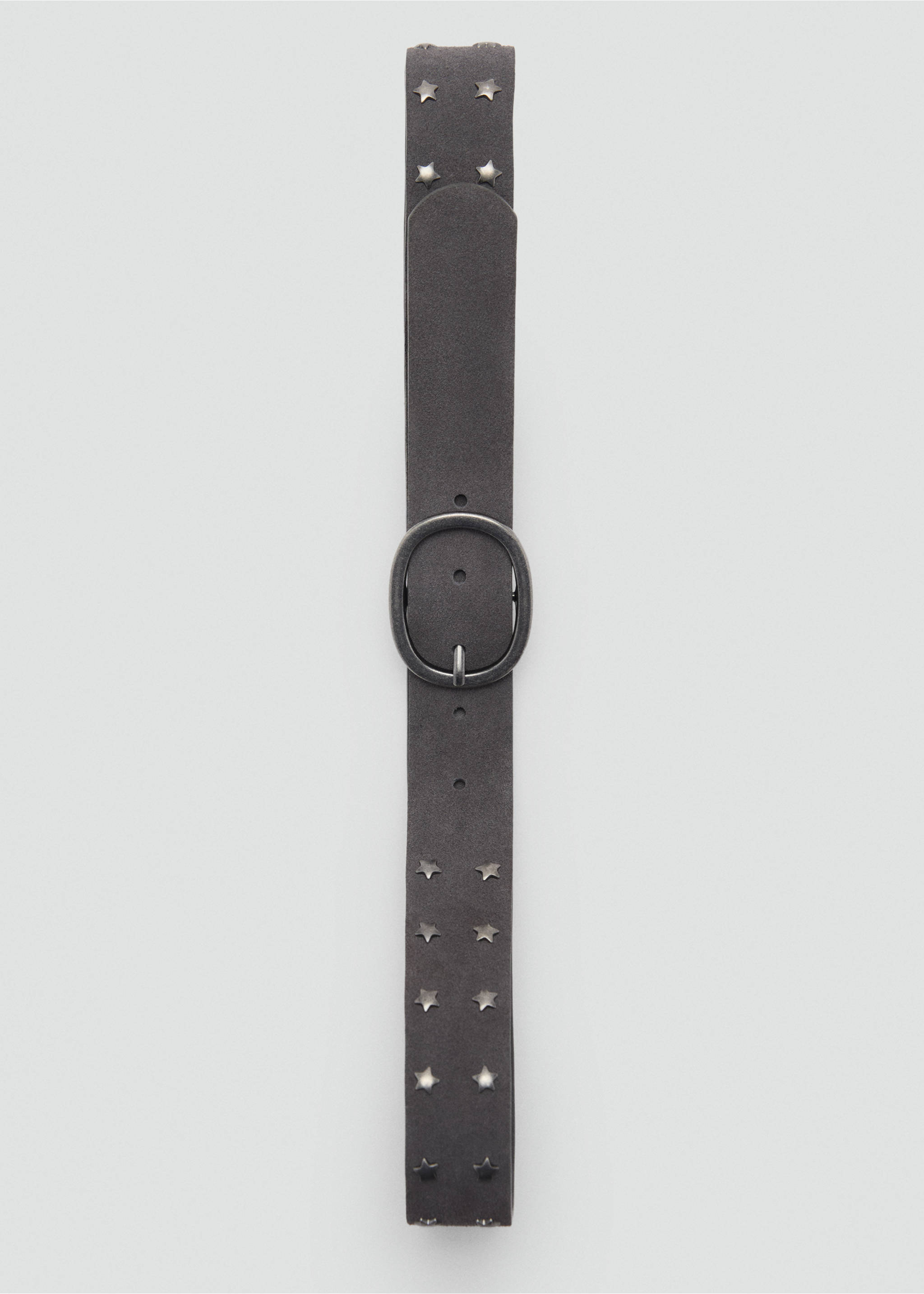 Dark grey children's belt with silver-toned star studs and a round buckle., Charcoal. Ref: 87072025-00.