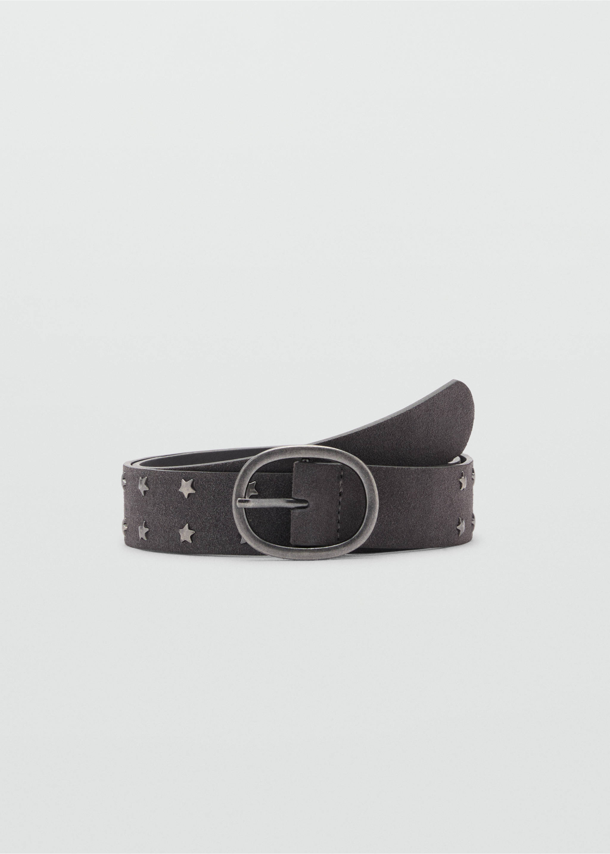 Dark grey suede-effect belt with metallic star studs and a round silver buckle., Charcoal. Ref: 87072025-00.