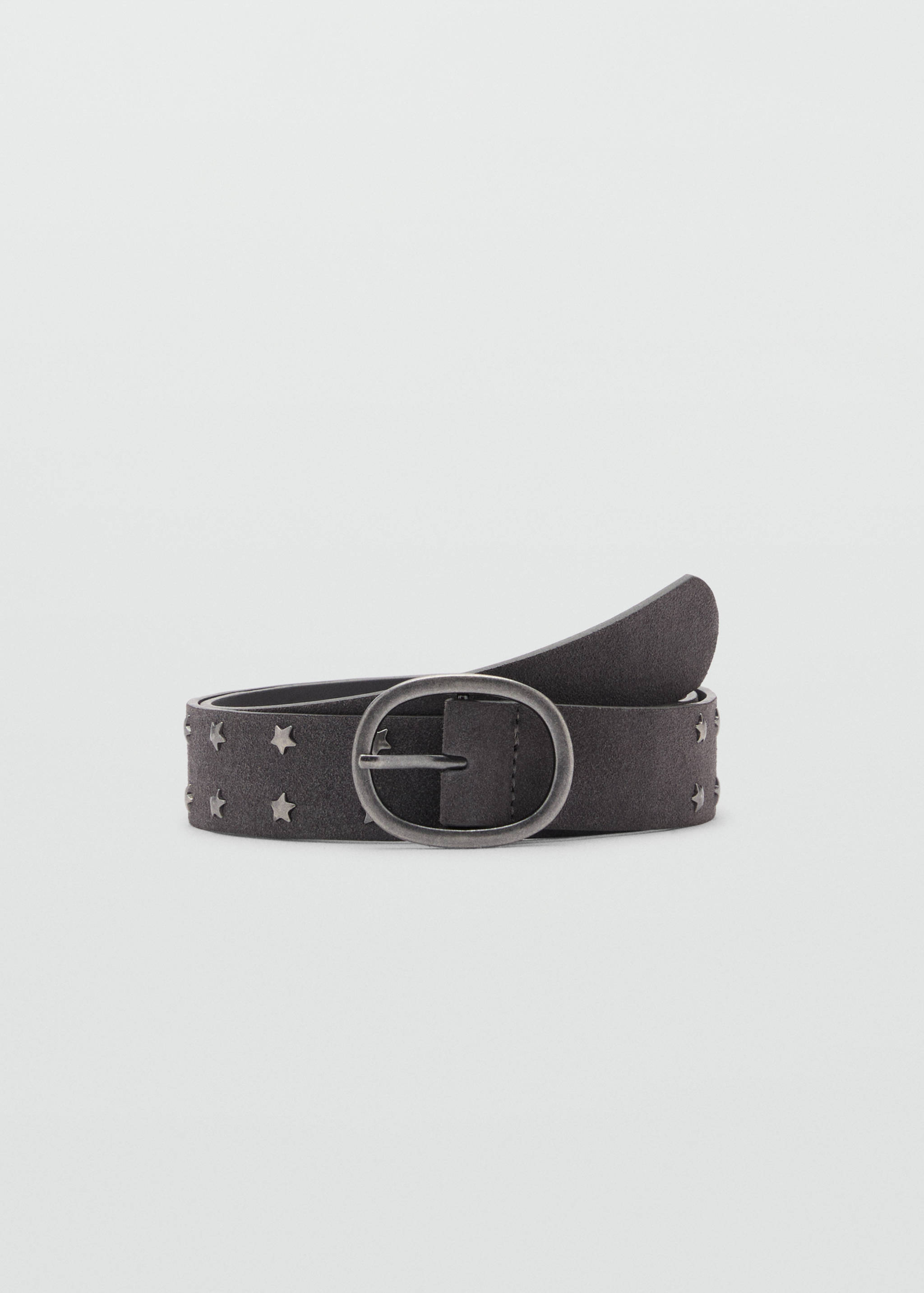 Dark grey suede-effect belt with metallic star studs and a round silver buckle.