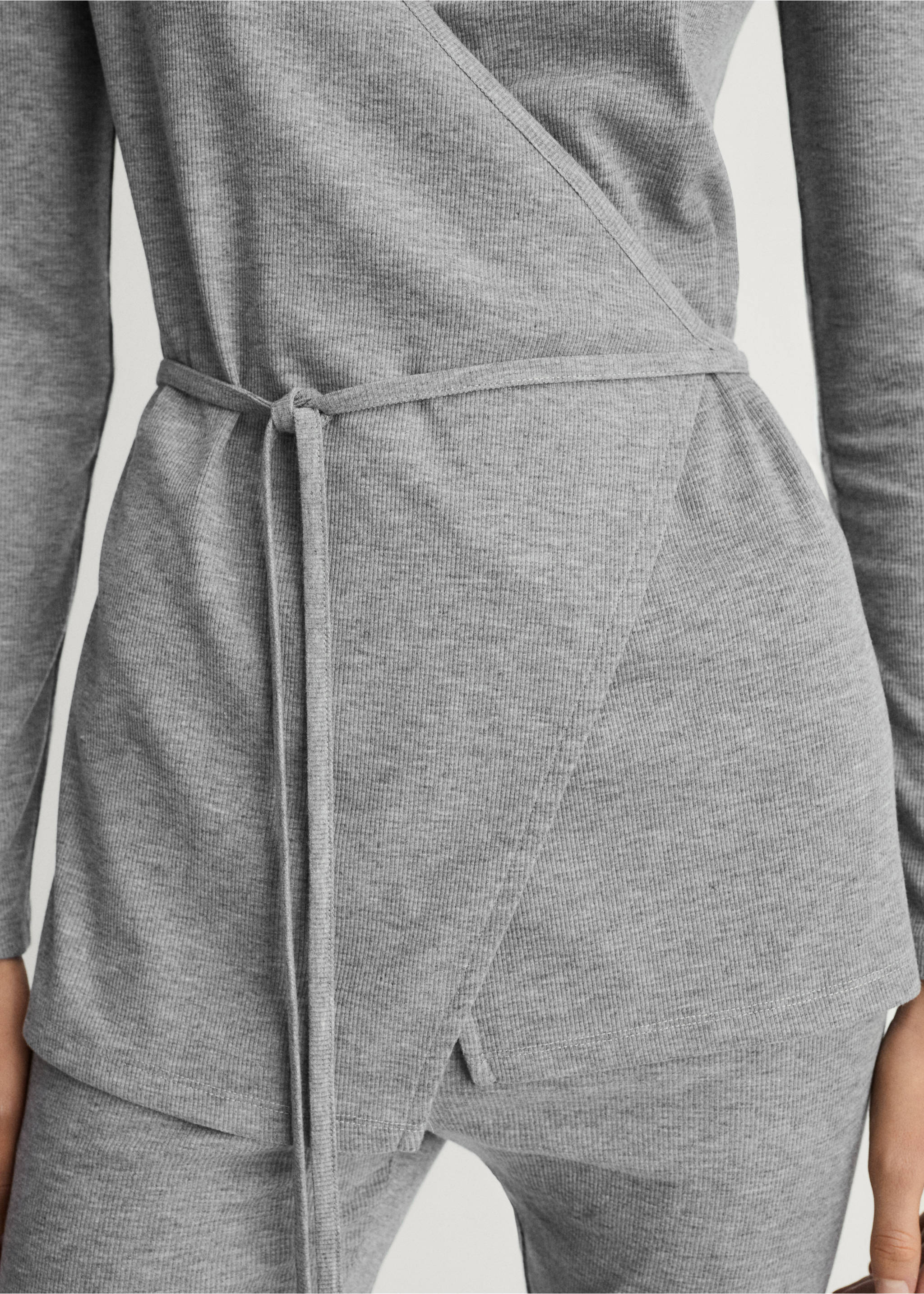 Rib-knit cardigan with tie - Details of the article 6, Grey. Ref: 87072893-00.