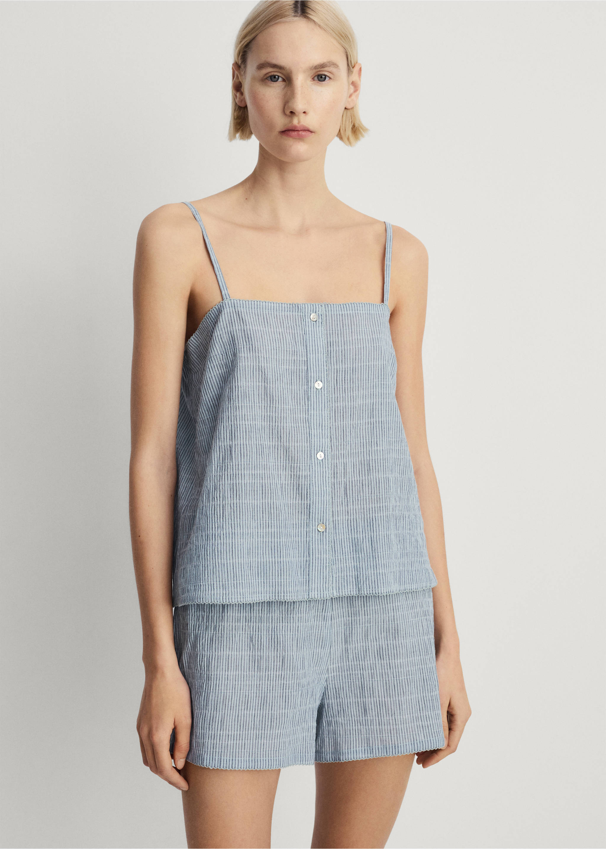 Pijama dos piezas algodón raya tejida seersucker - Plano medio, Verde menta. Ref: 87072899-00.