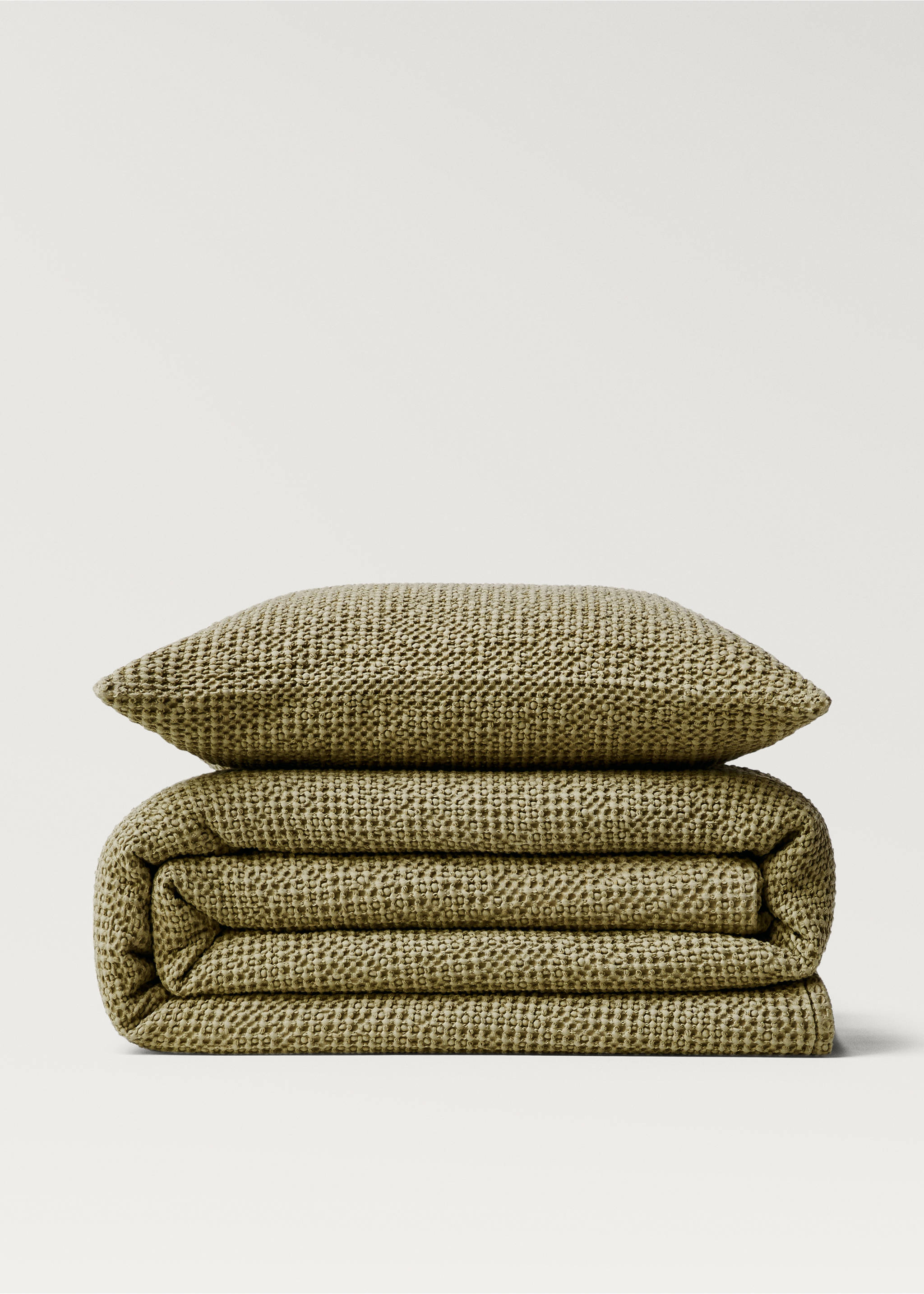 Capa de almofada decorativa de gaze de algodão garment-dyed com textura waffle 50x50 cm - Pormenor do artigo 4, Caqui. Ref: 87072956-00.