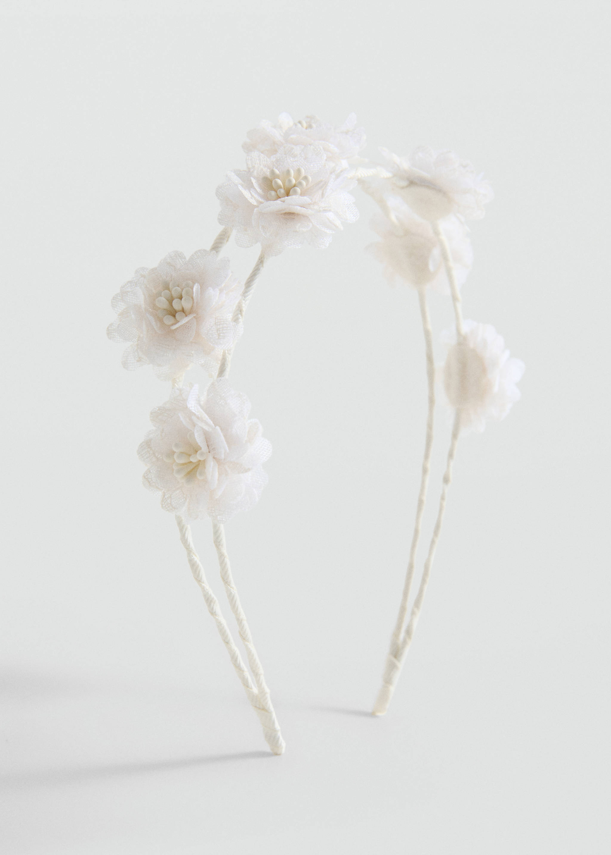 White kids' headband adorned with fabric flowers and beaded stamens.