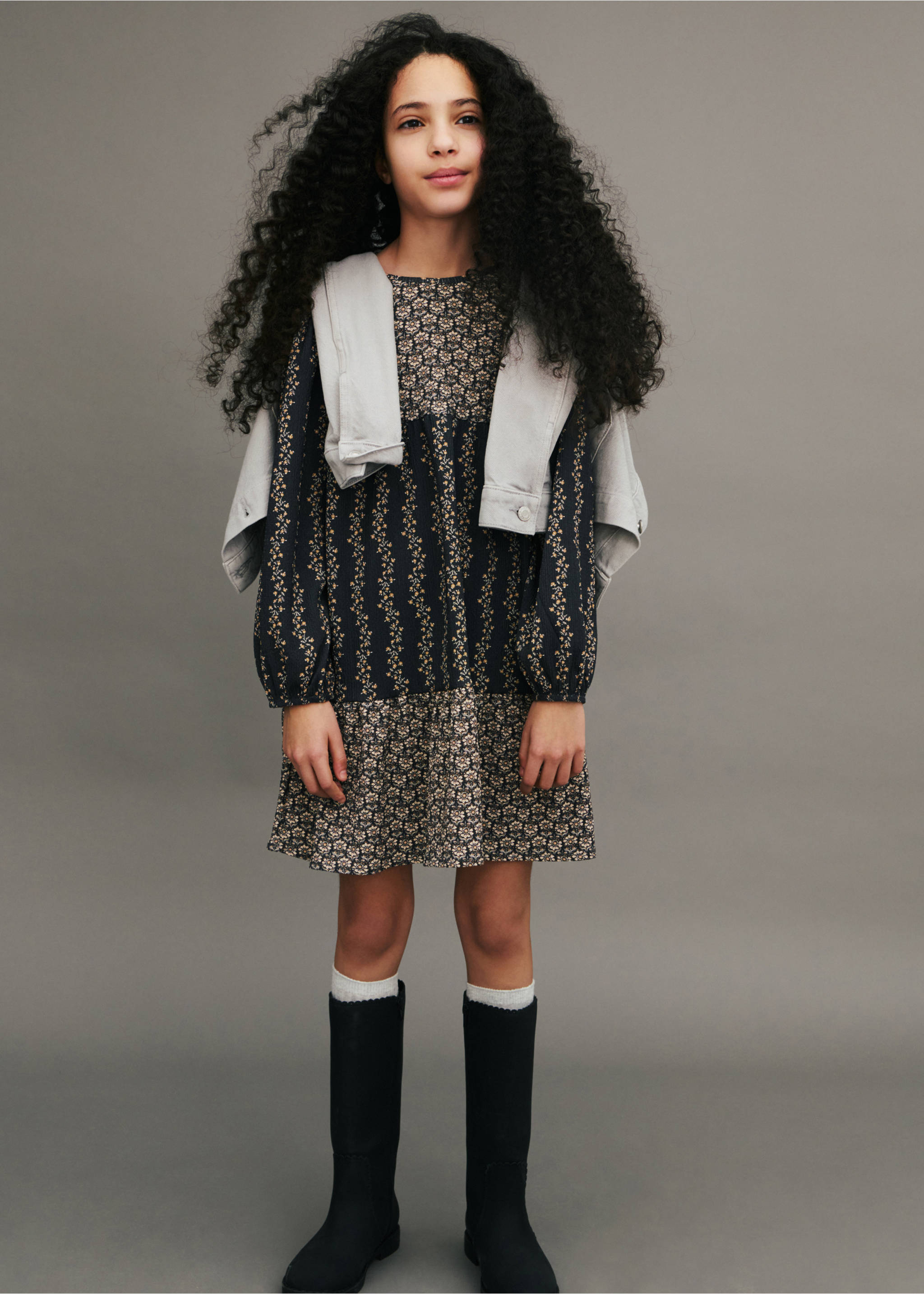 Flower print dress - Details of the article 5, Charcoal. Ref: 87073654-00.