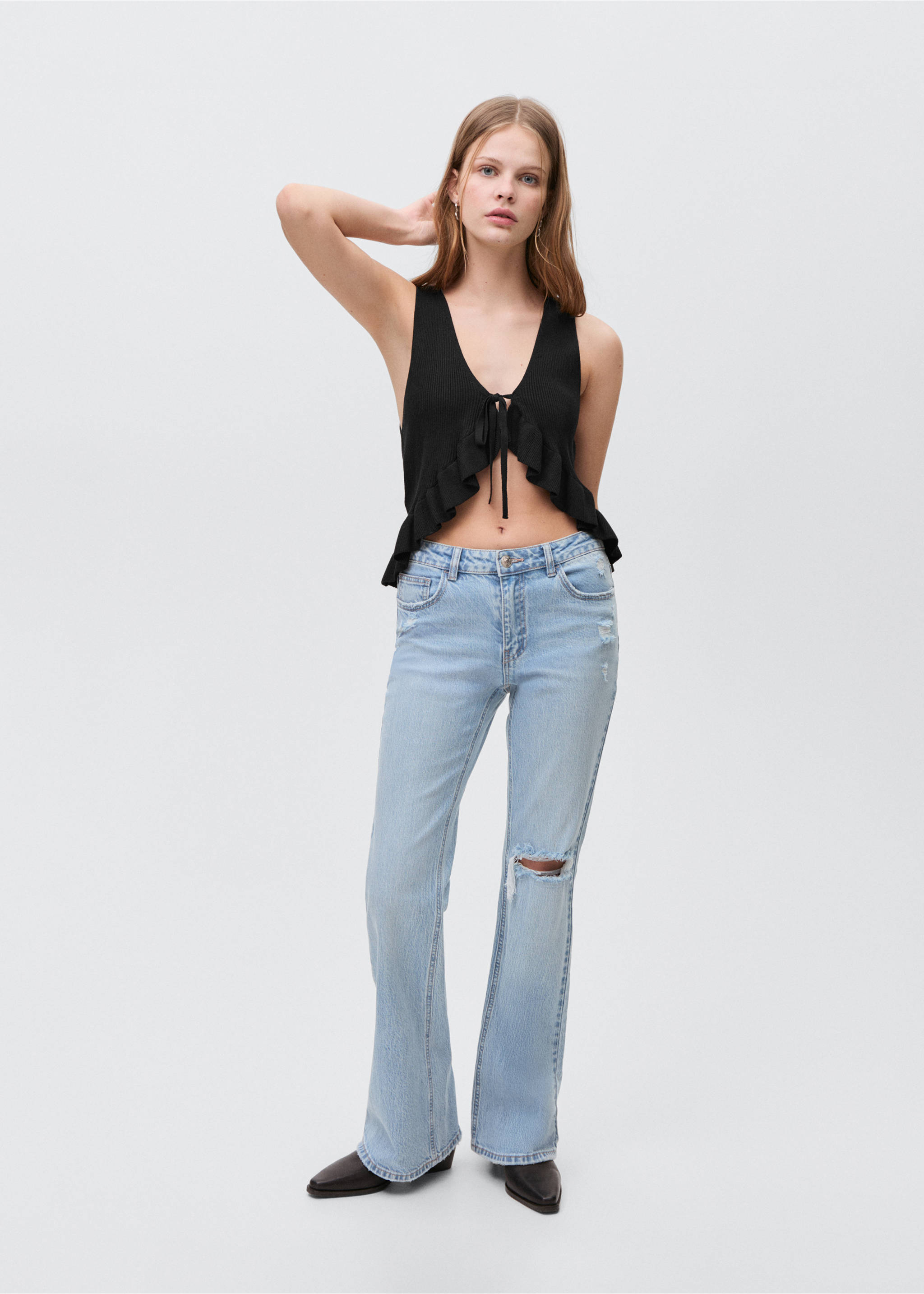 Flared jeans with decorative rips - General plane, Light Blue. Ref: 87074066-00.