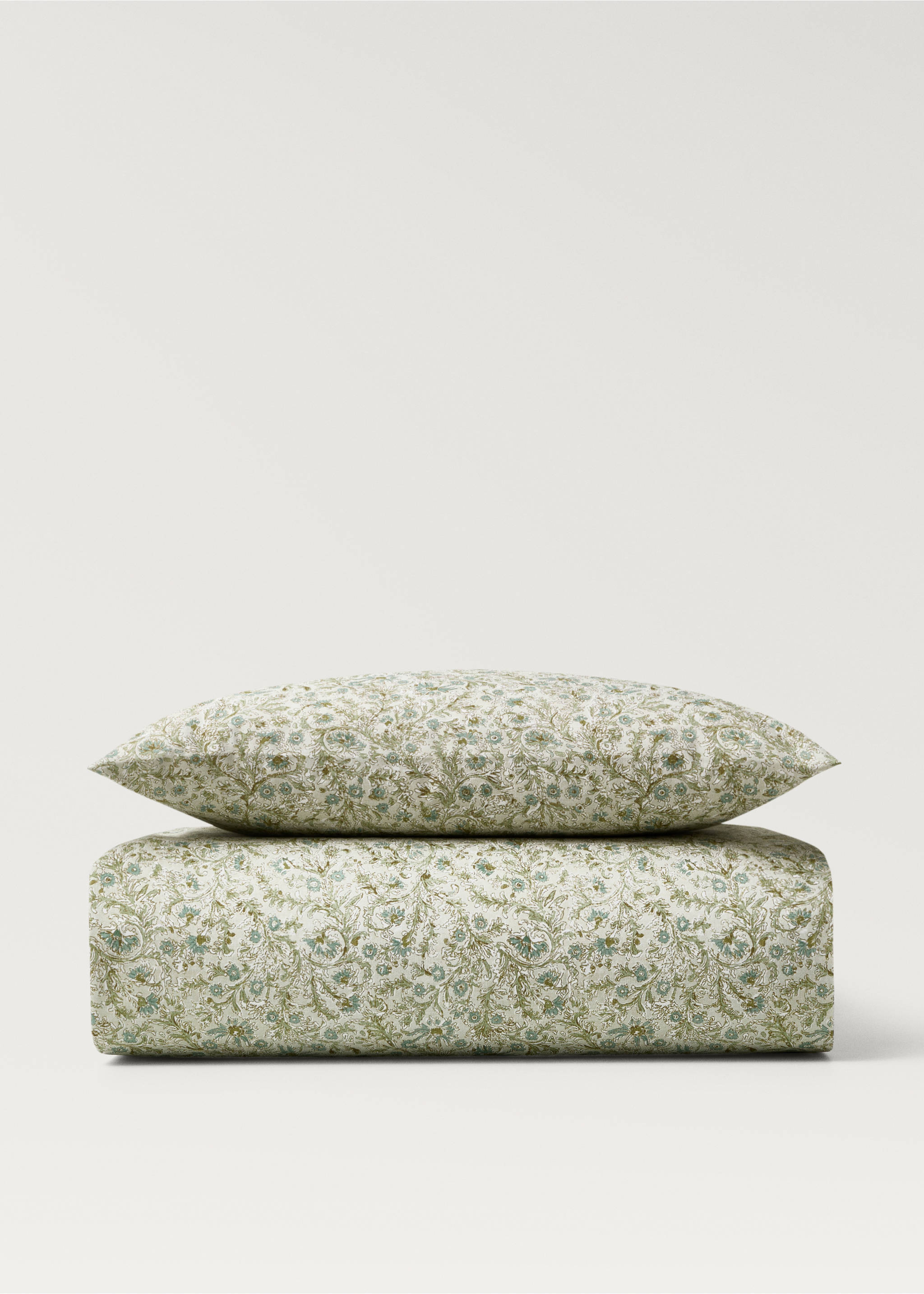 Cotton percale floral-print duvet cover for cot - Article without model, Forest Green. Ref: 87074089-00.