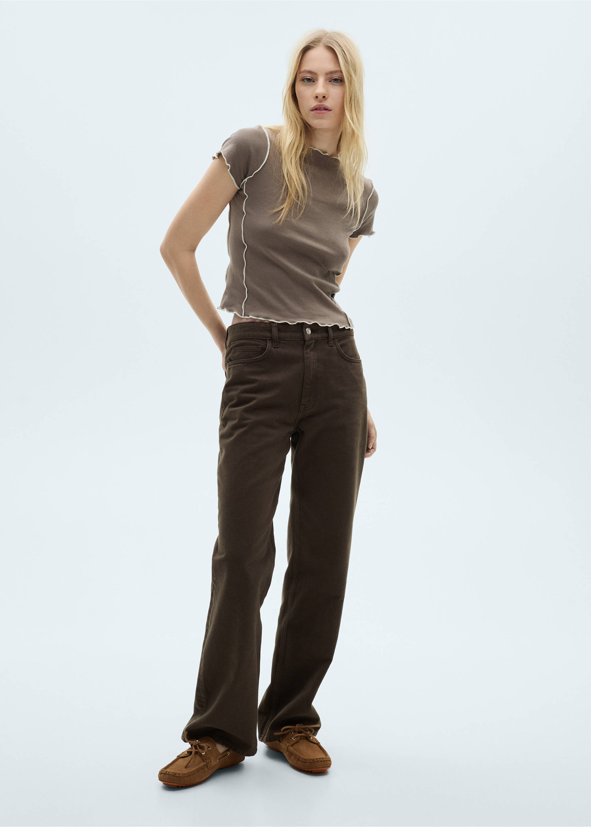 Crop top t-shirt with contrasting trim - General plane, Medium Brown. Ref: 87074090-00.