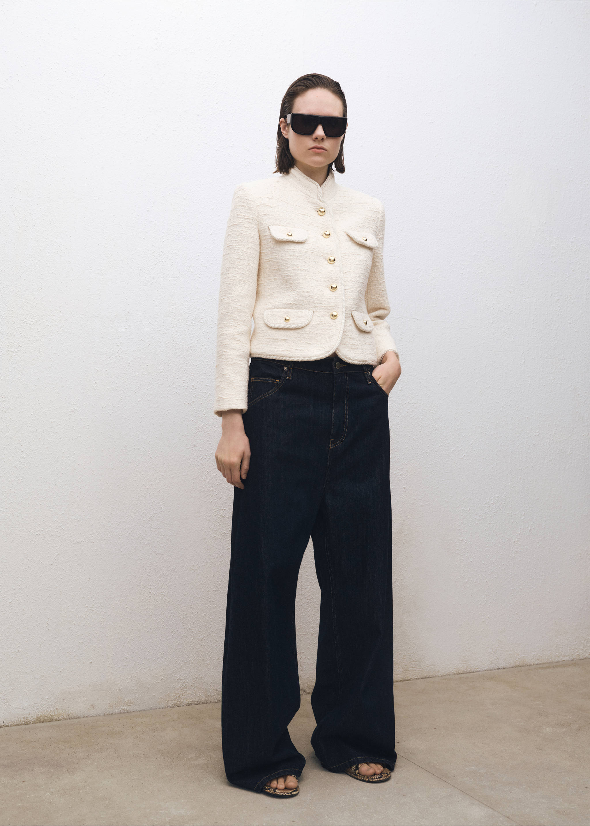 Tweed jacket with striped collar - General plane, Ecru. Ref: 87074426-00.