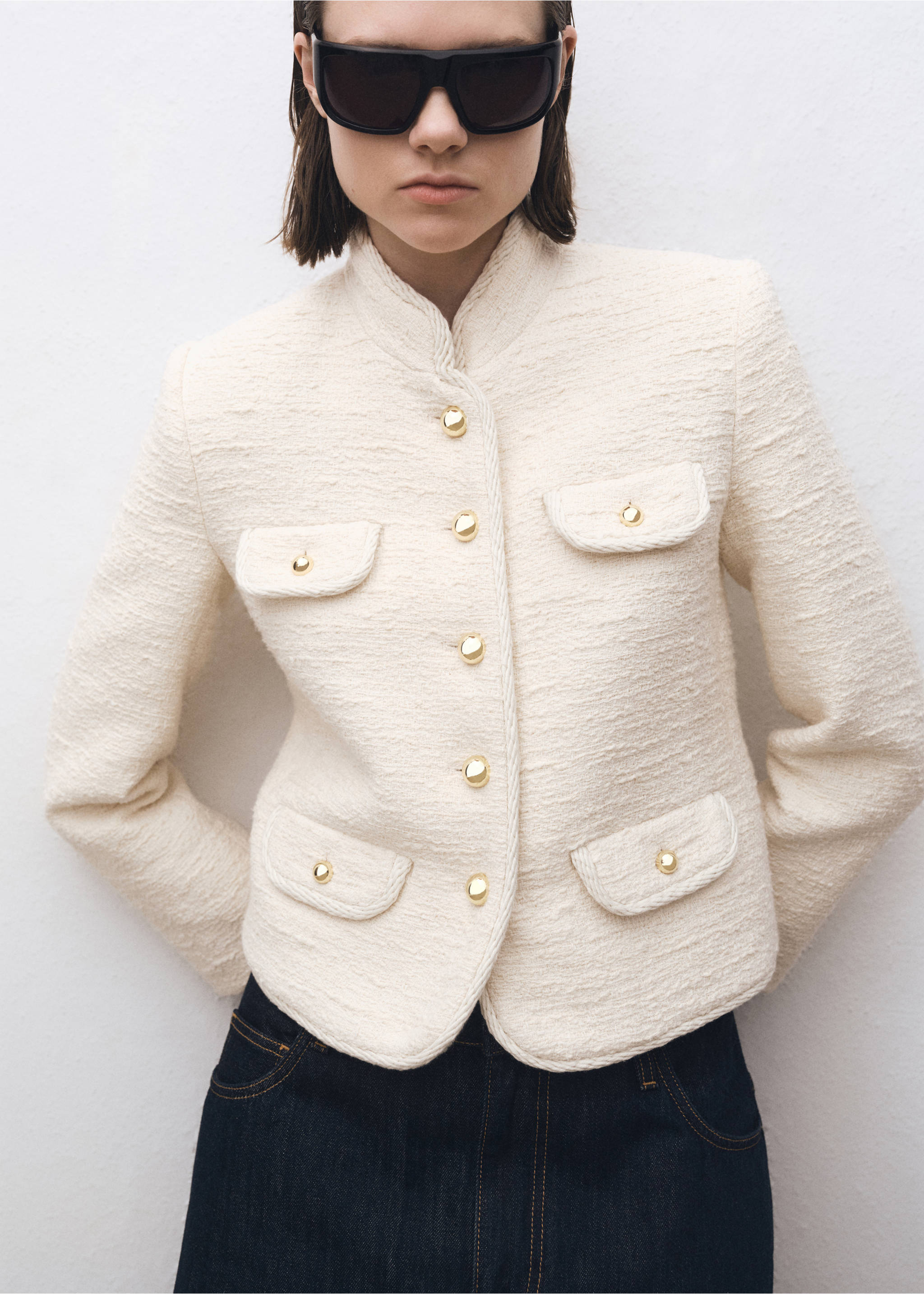 Tweed jacket with striped collar - Medium plane, Ecru. Ref: 87074426-00.
