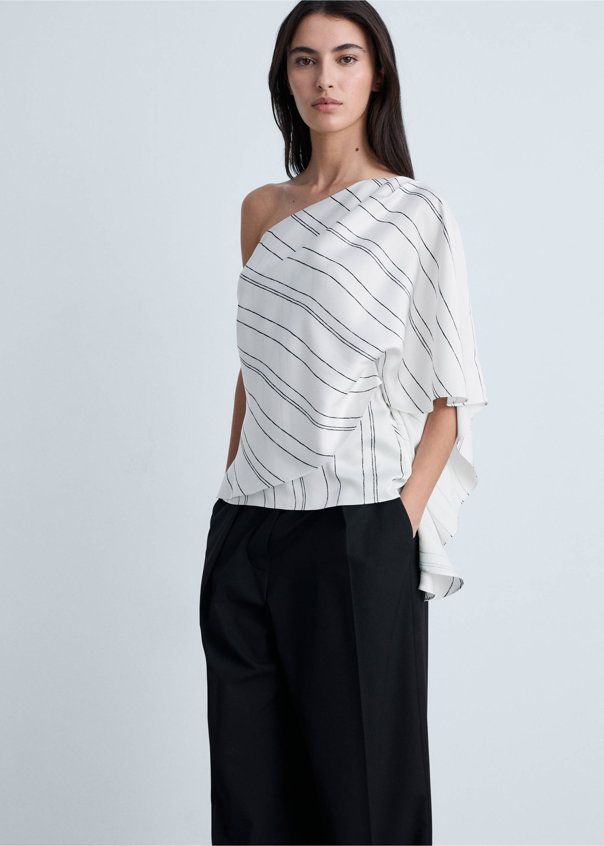 Asymmetrical striped blouse - Details of the article 2, White. Ref: 87074778-00.