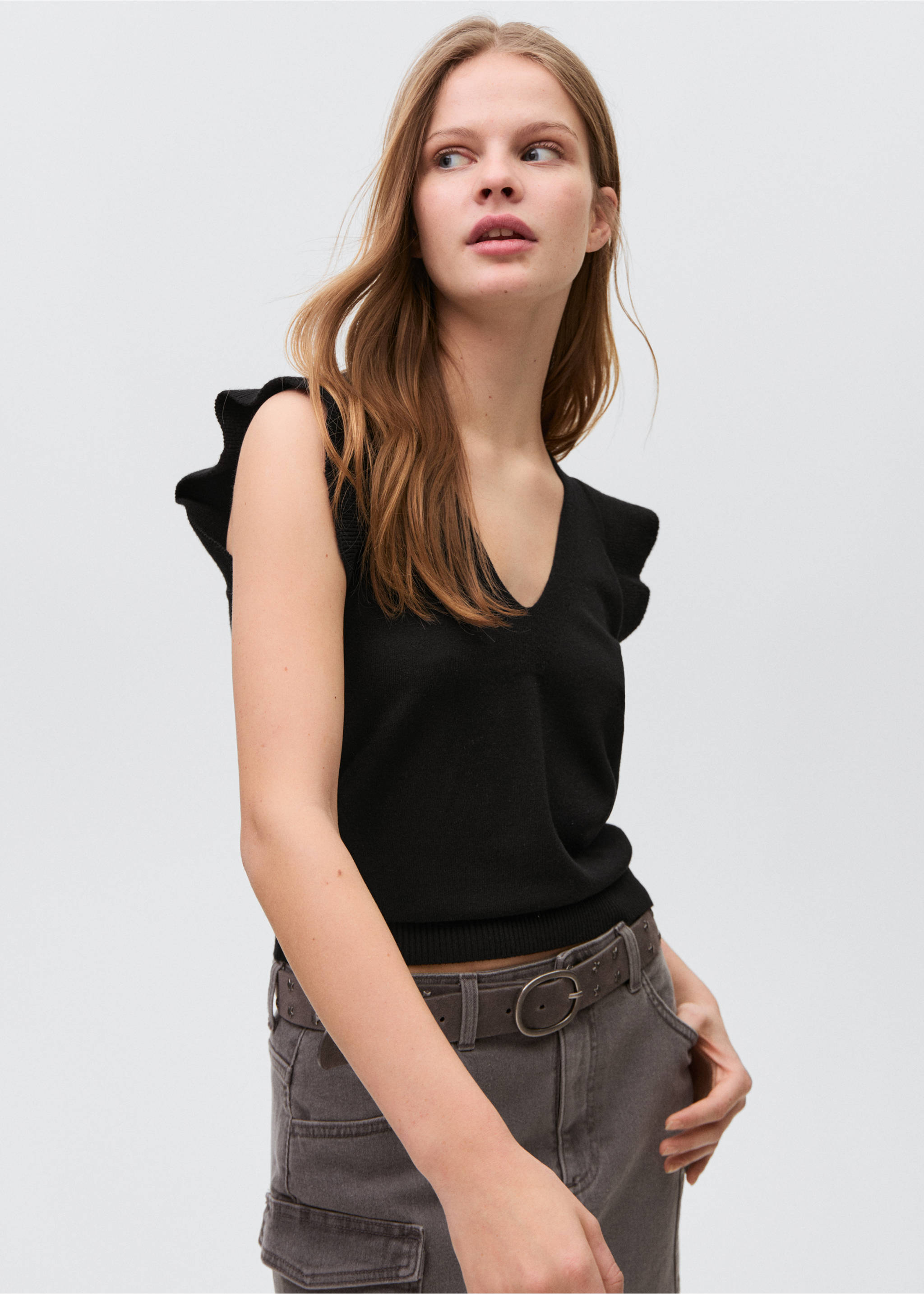 Top mit V-Ausschnitt - Mittlere Ansicht, Schwarz. Ref: 87074785-00.